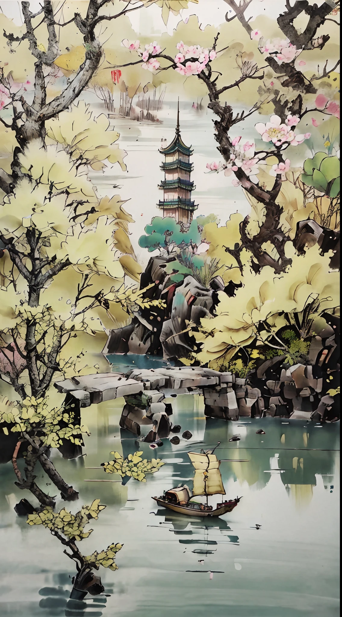 chinese traditional ink style, The Yellow Crane Tower of the Late West, In March, Cherry blossoms fall in Yangzhou。The lonely sail is far away, Only see the skyline of the Yangtze River。, classicism, hyper HD, Masterpiece, Super detail, High details, High quality, Award-Awarded, Best quality, A high resolution, 8K