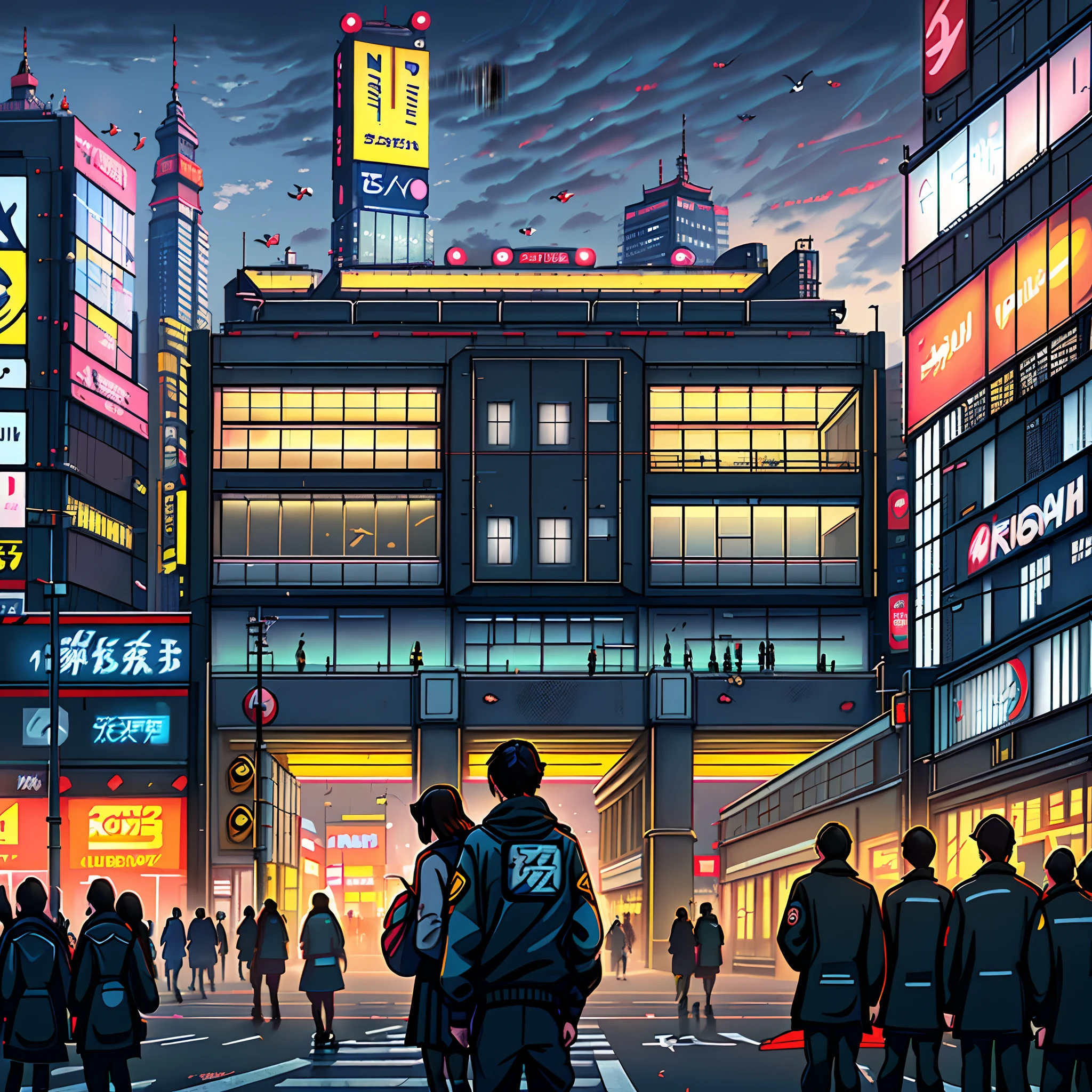 (Shibuya Scramble Crossing), (High School Girl), (Urban Intersection), (Modern), (Hokusai), (Digital Painting), (Twilight Lighting), (Crowd Screenshot), (Urban Life), (Digital), (Yellow and Blue Palette), (Concrete), (Cell Phone), (Glossy), (Bloom Effect), (3D), (Pigeons), (Japan), (Futuristic Buildings), (Wide-angle Lens), (Bird's-eye View), (Neon Genesis Evangelion), (Geometric Shapes), (Large Billboards), (Evening), (Cloudy), (Excitement)