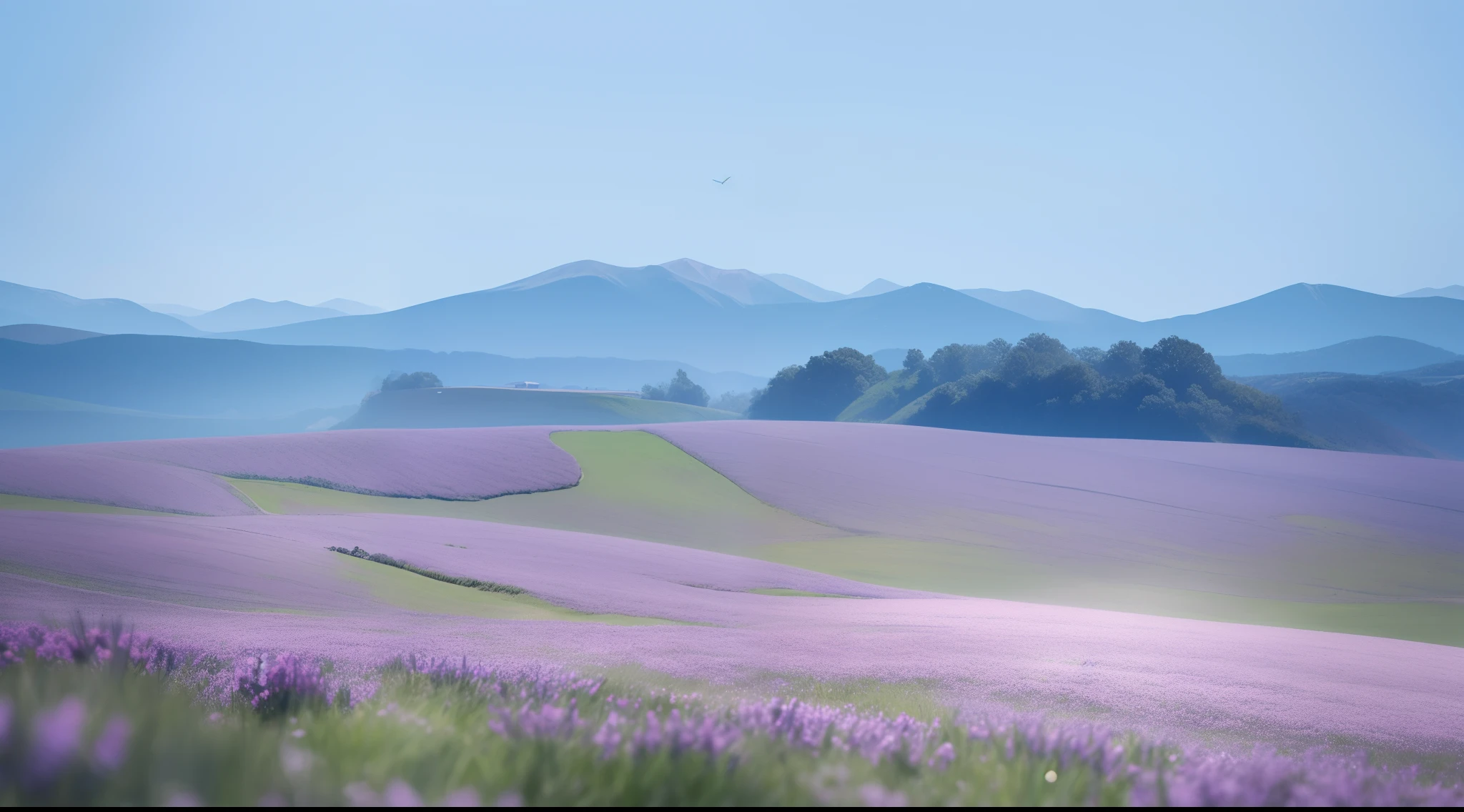 A soft, watercolor backdrop in muted shades of lavender, sky blue, and pale gold represents the early morning sky. Positioned centrally is a delicate silhouette of a lark, its wings outstretched in mid-flight. Below, gentle strokes depict a meadow, with hints of dewdrops glistening on grass and the faintest impressions of dragonflies hovering above. The overall effect is dreamy, ethereal, and deeply calming.