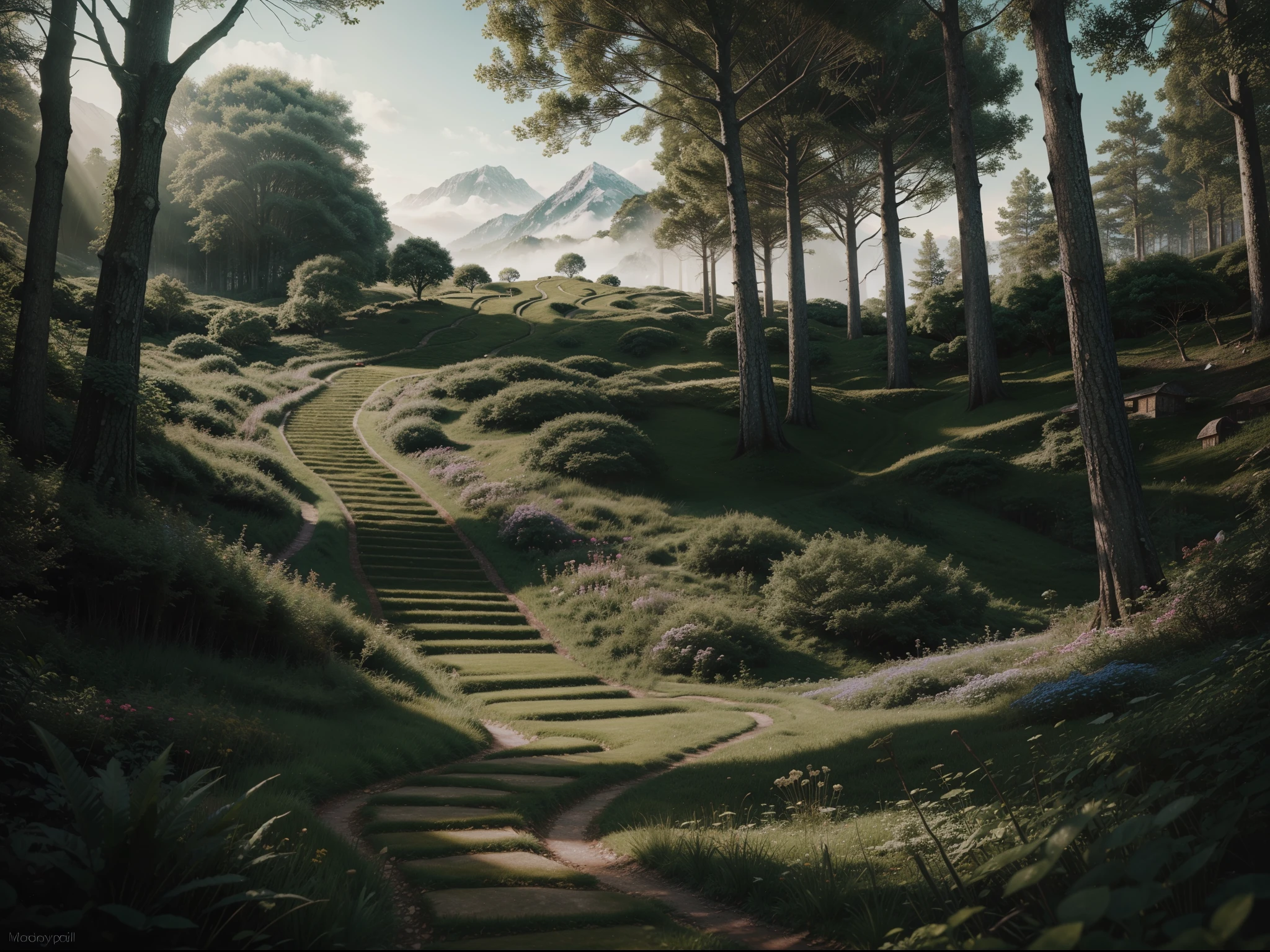 hyper realistic, Up the green slope, beneath the forest’s roof, With slow, soft steps leaving the mountain’s steep, And sought those inmost labyrinths, motion-proof, 64k resolution photorealistic Masterpiece by Ridley Scott, intricately detailed fluid painting, HD, professional photography, dark lighting, volumetric lighting maximalist photo illustration, 64k resolution concept art with intricately detailed, complex, elegant, expansive, fantastical, ultra sharp, 64k