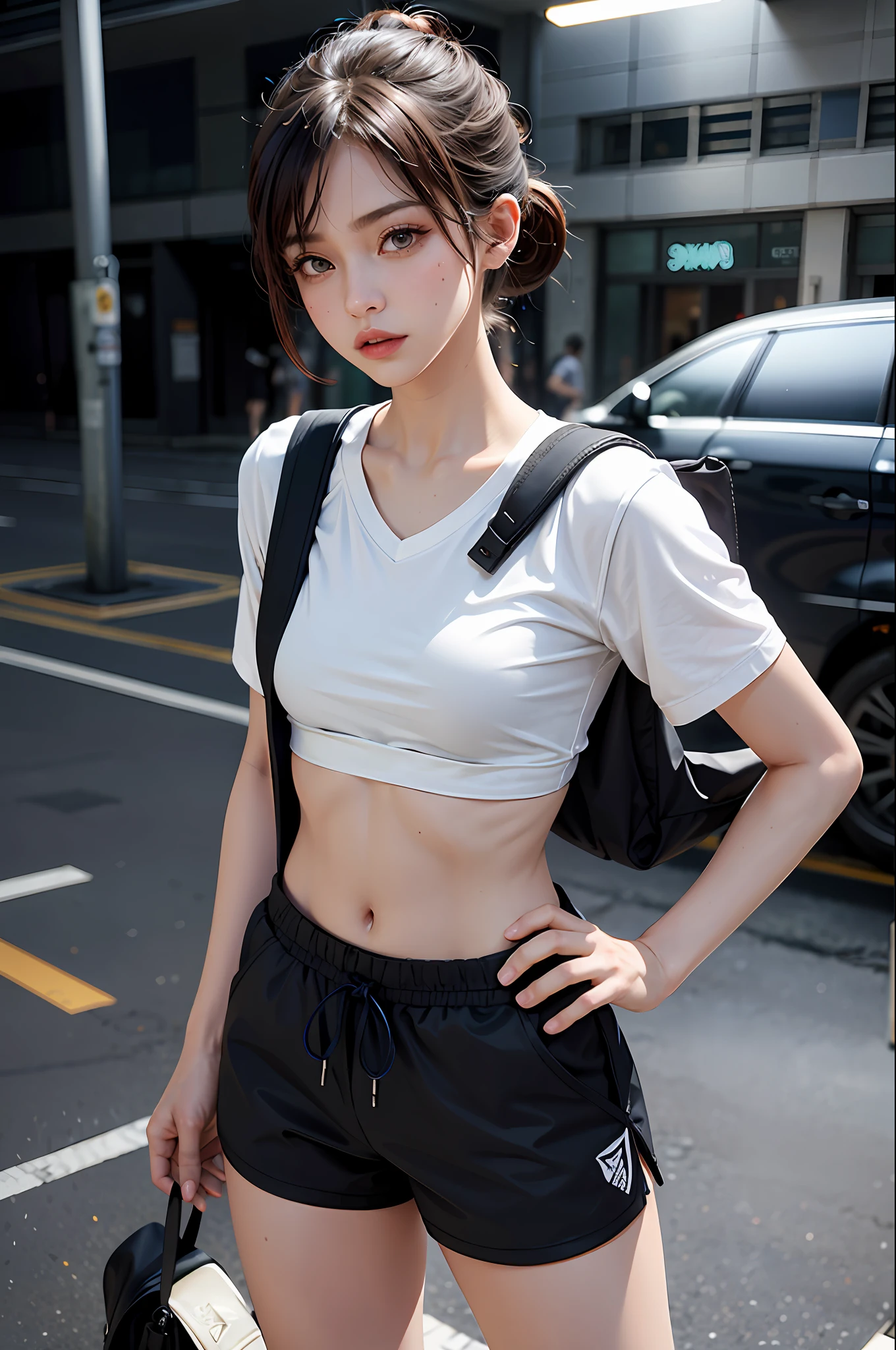 (masterpiece:1.2, bestquality),Dynamic lighting, Full body,
1girls, bara, Foxy Eye Makeup, body detailed, face detail , (flat chest), Low ponytail, Tie me up., Short Hair Hair, gleaming skin,
Large sports shirt, sport shorts, Smart backpack,
Shy, Sweat ,Shibuya night in the background,
