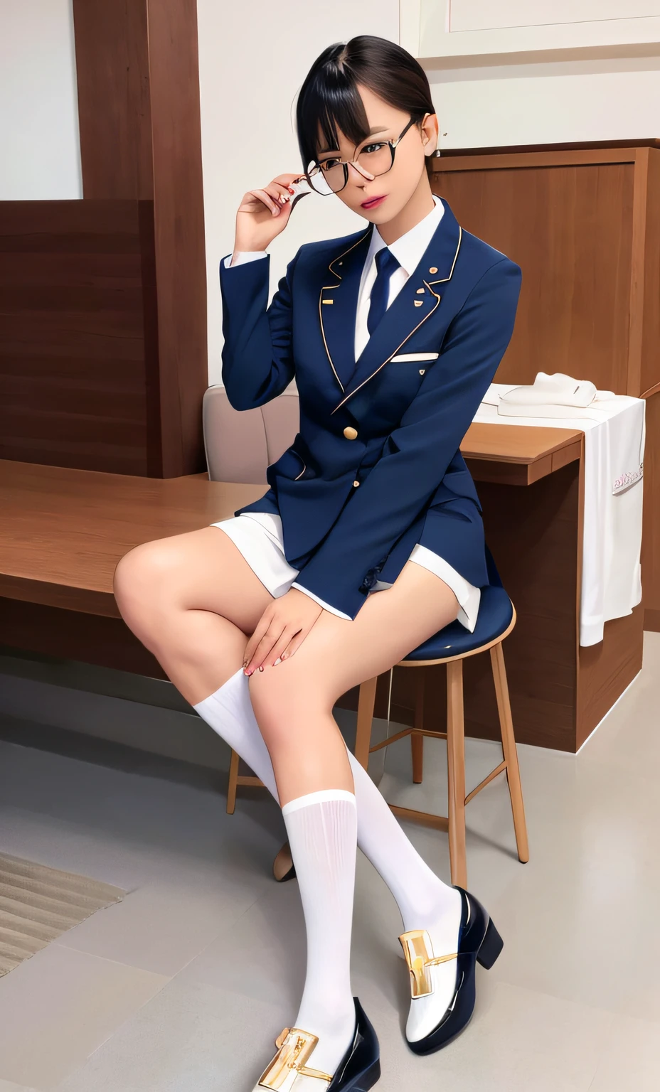 Glasses, uniform, white silk, Mary Jane shoes
