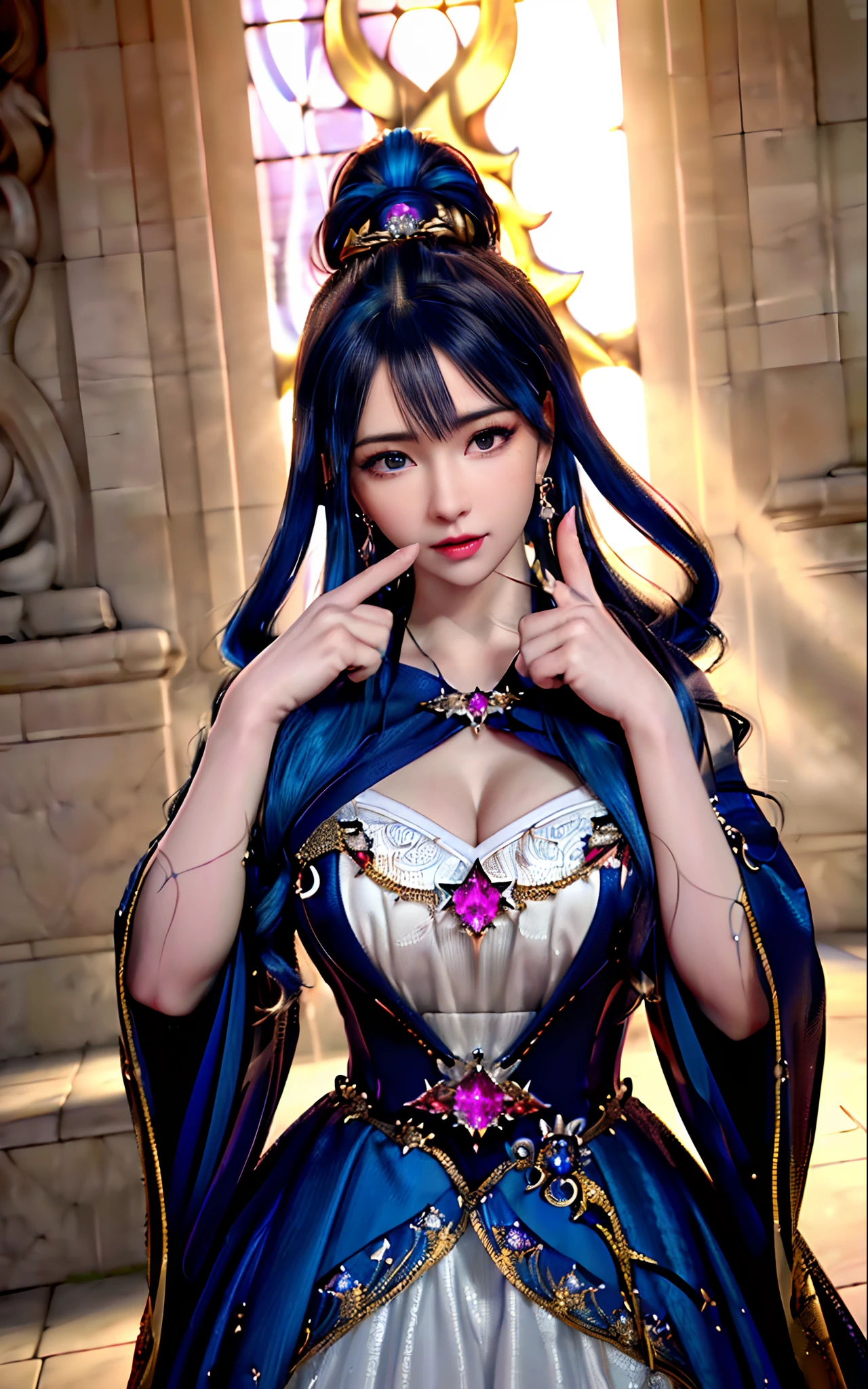 ((realisticity: 1.2)), ((realistic: 8K UHD)), ((best resolution: 8K UHD)), hyper detailed, best quality,masterpiece,highres,cg, ((1 girl hyper detailed and hyper realistic) ) , ((beautiful queen, hyper realistic and hyper detailed)),((white skin, beautiful, smooth, youthful, hyper realistic and hyper detailed )), ((Face hyper beautiful, white, hyper realistic and hyper detailed ) ), long hair, ((hyper realistic and hyper detailed dress)), solo, ((hyper realistic, hyper beautiful, beautiful and hyper detailed jewelry)), ((hyper beautiful deep red and golden yellow dress, hyper realistic and hyper detailed )) , ((Her pretty, hyper realistic, hyper detailed diamond filled earrings)), ((Her gorgeous diamond haircut, hyper realistic and hyper detailed)), ((hyper pretty upper body, hyper beautiful, hyper realistic and hyper detailed) ), ((medium breast: 1.1)), ((hyper realistic, hyper pretty, hyper detailed boobs)), ((the backgroun of the royal palace is hyper majestic, hyper realistic and hyper detailed)),((hands and palms hyper beautiful, hyper detailed, hyper realistic)), ((hyper detailed and hyper realistic fingers and fingernails)), ((hyper pretty fingernails, hyper vivid, hyper detailed, hyper realistic)), ((thumb, index finger, middle finger, ring finger, little finger hyper vivid, hyper pretty, hyper detailed, hyper realistic)),
((hyper beautiful fingers, hyper detailed, and hyper realistic)), ((posture not too fat and not too thin, hyper realistic, hyper detail)), ((hyper pretty, hyper pretty, hyper realistic and hyper detailed hair bun)), ((hyper pretty , hyper realistic and hyper detailed blue hair)), candid, Photo, high resolution, 8k , bokeh,