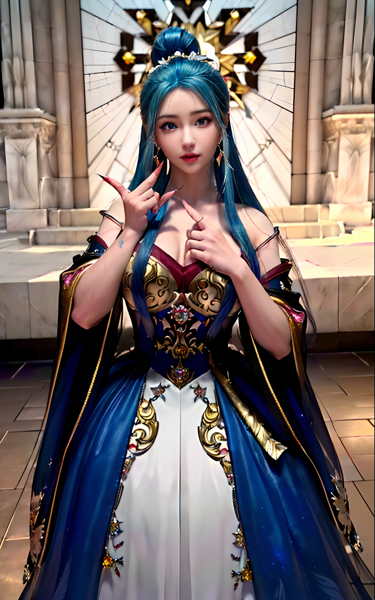 ((realisticity: 1.2)), ((realistic: 8K UHD)), ((best resolution: 8K UHD)), hyper detailed, best quality,masterpiece,highres,cg, ((1 girl hyper detailed and hyper realistic) ) , ((beautiful queen, hyper realistic and hyper detailed)),((white skin, beautiful, smooth, youthful, hyper realistic and hyper detailed )), ((Face hyper beautiful, white, hyper realistic and hyper detailed ) ), long hair, ((hyper realistic and hyper detailed dress)), solo, ((hyper realistic, hyper beautiful, beautiful and hyper detailed jewelry)), ((hyper beautiful deep red and golden yellow dress, hyper realistic and hyper detailed )) , ((Her pretty, hyper realistic, hyper detailed diamond filled earrings)), ((Her gorgeous diamond haircut, hyper realistic and hyper detailed)), ((hyper pretty upper body, hyper beautiful, hyper realistic and hyper detailed) ), ((medium breast: 1.1)), ((hyper realistic, hyper pretty, hyper detailed boobs)), ((the backgroun of the royal palace is hyper majestic, hyper realistic and hyper detailed)),((hands and palms hyper beautiful, hyper detailed, hyper realistic)), ((hyper detailed and hyper realistic fingers and fingernails)), ((hyper pretty fingernails, hyper vivid, hyper detailed, hyper realistic)), ((thumb, index finger, middle finger, ring finger, little finger hyper vivid, hyper pretty, hyper detailed, hyper realistic)),  
((hyper beautiful fingers, hyper detailed, and hyper realistic)), ((posture not too fat and not too thin, hyper realistic, hyper detail)), ((hyper pretty, hyper pretty, hyper realistic and hyper detailed hair bun)), ((hyper pretty , hyper realistic and hyper detailed blue hair)), candid, Photo, high resolution, 8k , bokeh,