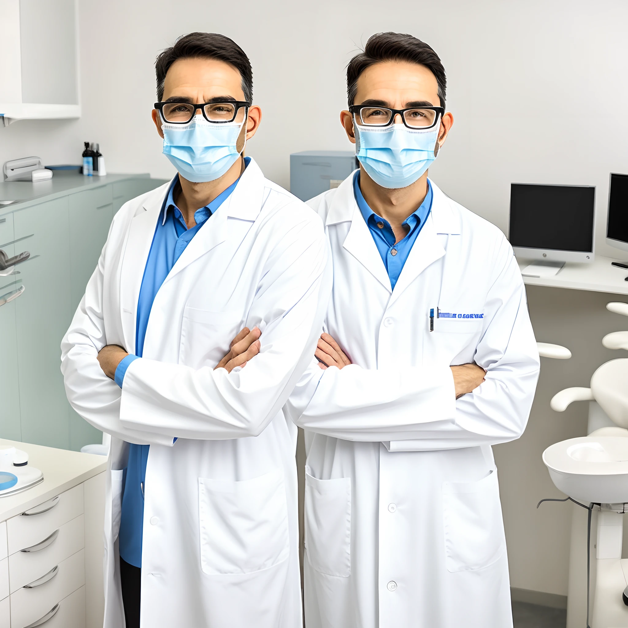 Inside the oral office,Forty years old,male people,Dentist,180cm tall,Manteau blanc,Do not wear glasses,wearing face mask,Tooth extraction pliers in hand