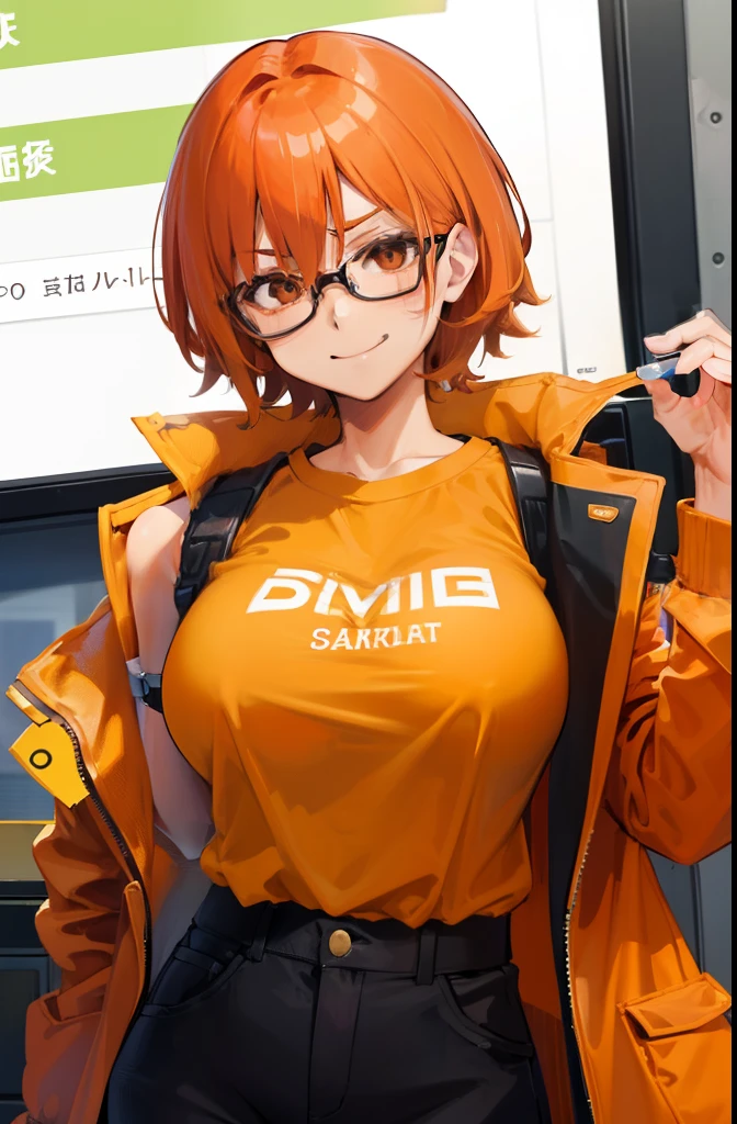 Female ,Smug smile, Round orange glass glasses, big breasts, Short orange hair, Small hips, Working as detective, detective clothes, Showing boobs, lifting shirt, , breasts, Orange mini jacket, White Shirt