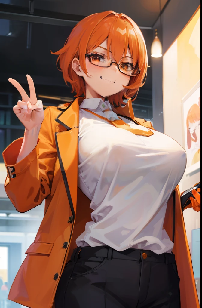 Female ,Smug smile, Round orange glass glasses, big breasts, Short orange hair, Small hips, Working as detective, detective clothes, Showing boobs, lifting shirt, , breasts, Orange mini jacket, White Shirt