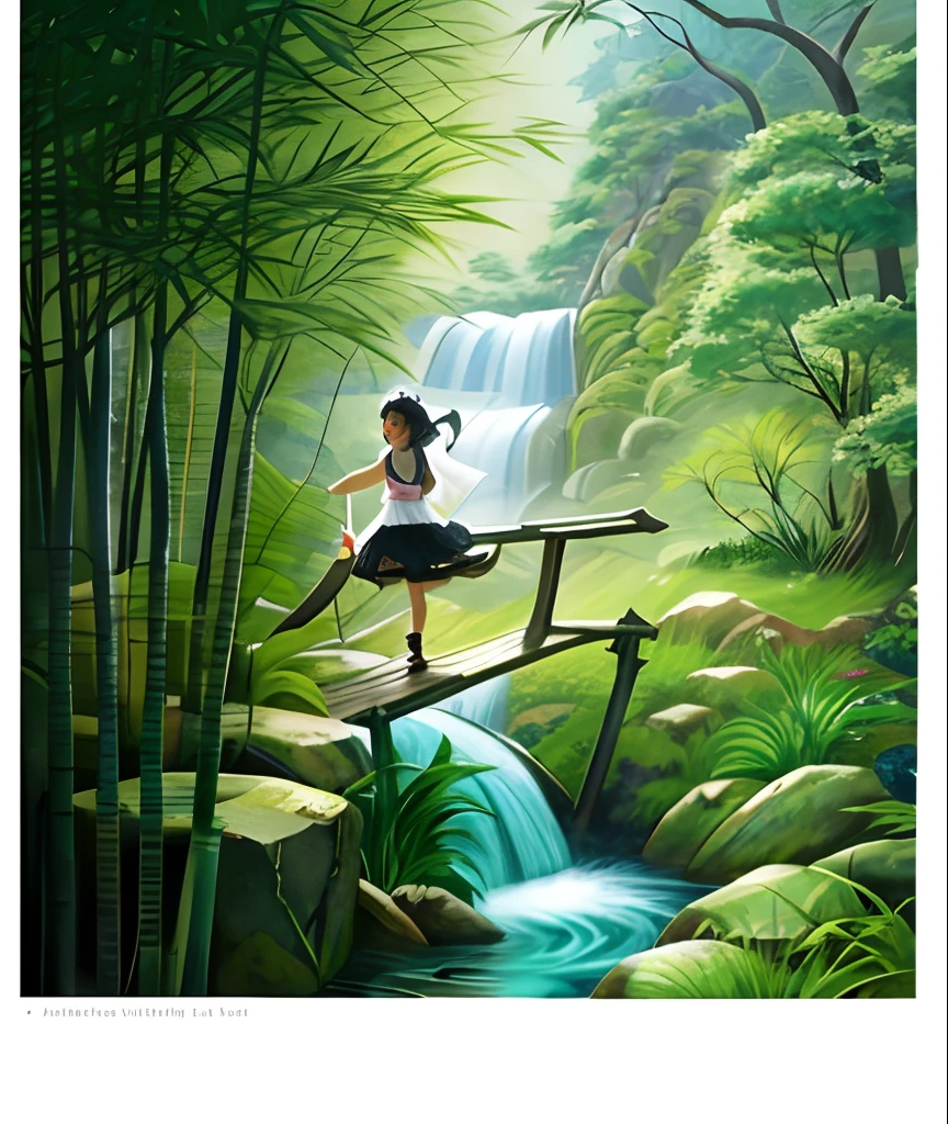 waterfallr，grassy fields，flowingwater，bamboos，petals，edgBunny，The bird