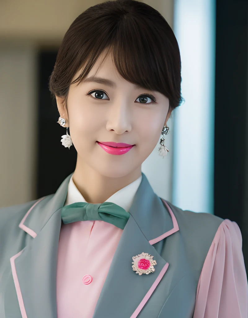 Asian air stewardess in 20s, emerald earrings, pink lipstick, gray skirt suit, sheer  hose, inside airplane with seats, huge size, detailed face. (8K, Best Quality: 1.2), (Masterpiece, Photorealistic: 1.3), Super Detail, anatomically correct