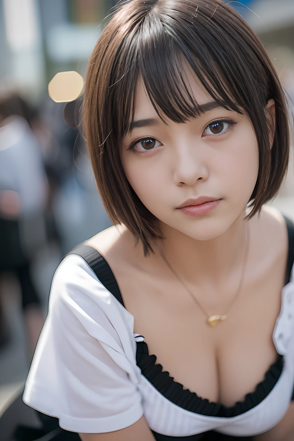 Ultra top quality, masterpiece, ultra high resolution, (photorealistic: 1.4), highly detailed CG Unity 8k wallpaper, detailed and complex, original, high resolution, raw photos, (perfect body shape), finely complex, DSLR, soft lighting, high quality, film grain, depth of field, Leica camera, 50mm lens, backlight, HDR, hyperrealistic, color grade, dynamic pose, portrait, Japan person, smile, lips, short hair, bangs, (crowded Akihabara: 1.2), front view viewer, natural light, girl, 20 years old, full body, solo, student, high school, uniform, sailor color, bobby socks, pleated skirt, daytime, street, deep shadow, cute, beauty, modest, cold light 12000K\\ street, store state, Akihabara, Shinjuku, Shibuya, Ikebukuro, detailed realism, skin texture, super detailed, realistic skin texture, (dramatic, award-winning photos, incredible masterpieces: 1.3)