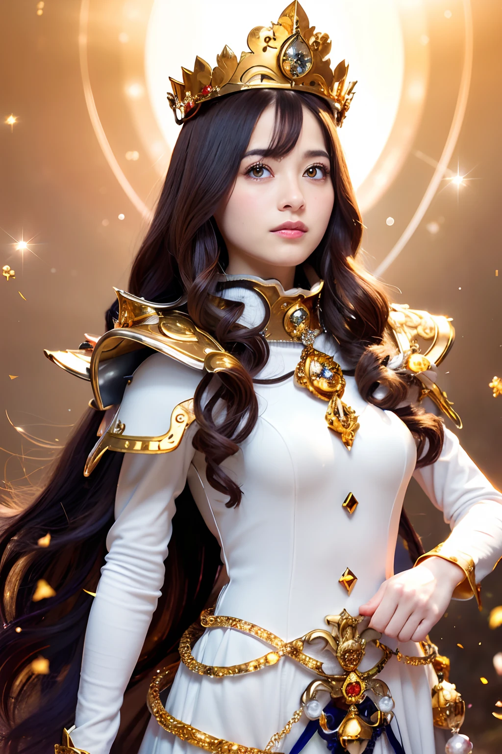 (masutepiece), Professional , masterpiece、top-quality、photos realistic , depth of fields (Gemstone Silver Metal Body:1.9),(Matte White、Particles of light、Jewel Gold Weapon(Jewel Metal Body:1.4),Gorgeous metal weapons , Detailed Sword of the Brave , Beautiful knife ,warhammer 40k , adepta sororitas,Detail and ornate jewel crown、Particles of light、Brown hair、Gangle's forest background、Beautiful Caucasian beauty、1a person、dynamic ungle,(((Detailed and ornate diamond crown)))、Particles of light、Mystical expression、Smaller head、A smile、