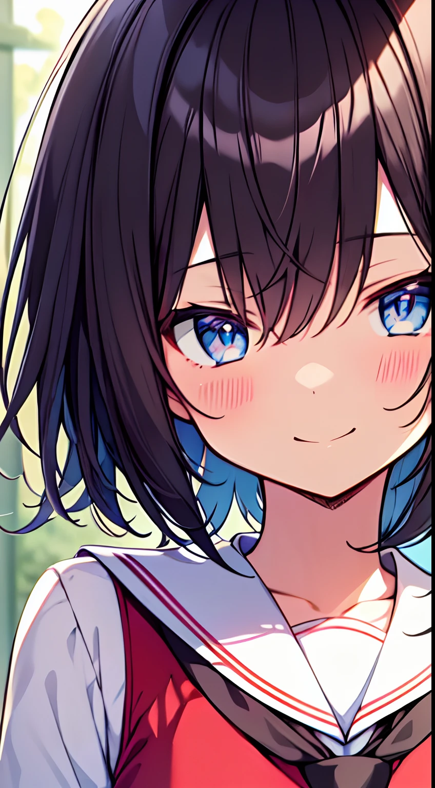 masutepiece, Best Quality,Illustration, Wallpaper, Ultra Detail, 1loli,Solo,Beautiful detailed eyes,Thick contour lines、Medium Short-Cut Hair、(student clothes)、Dark hair color、A smile、School grounds