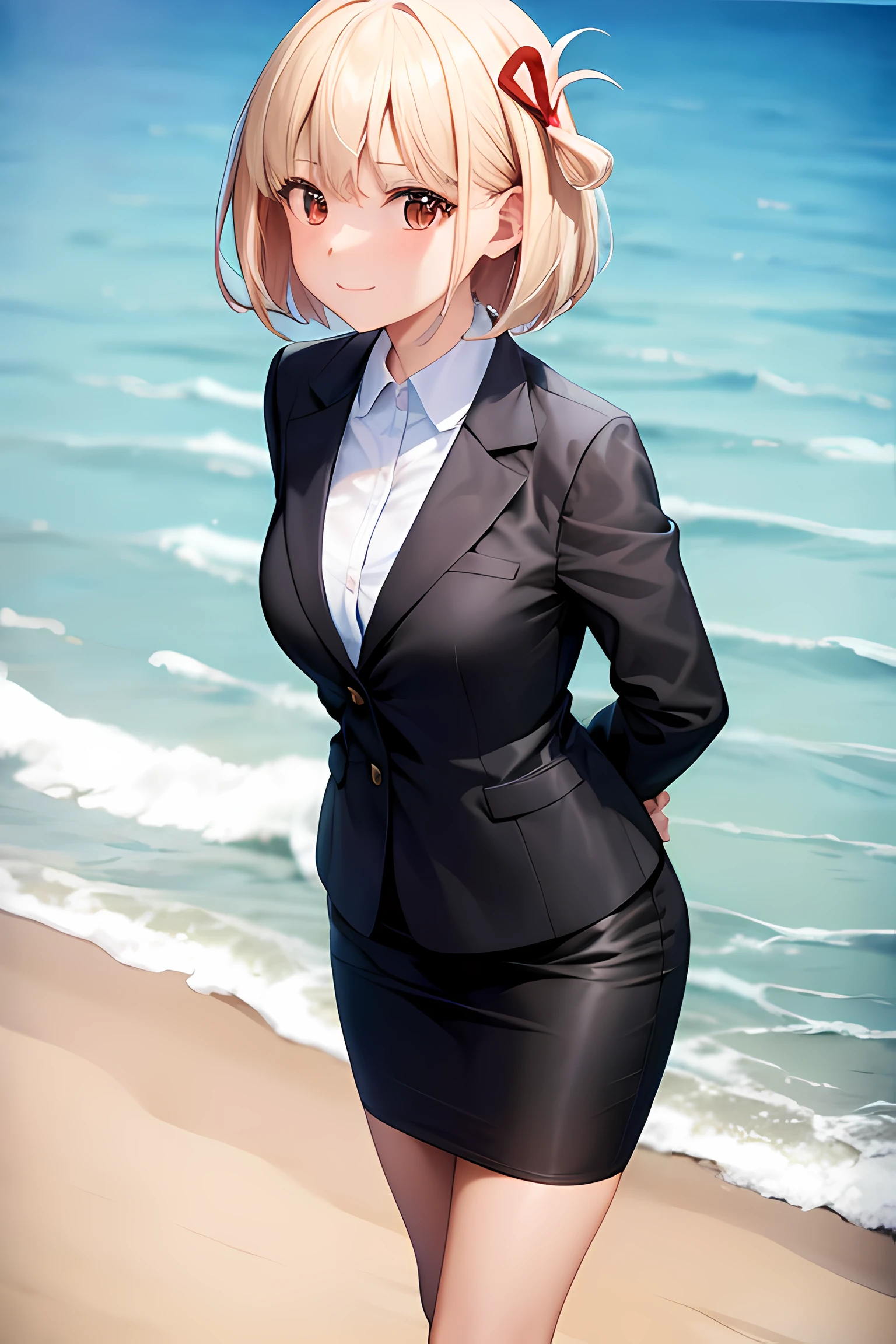 1girl, chisato nishikigi, suit, beach background, office lady, black skirt, black blazer, pencil skirt, white shirt, blonde hair, bob cut, hair ornament, red hair ribbon, short smile, ager,