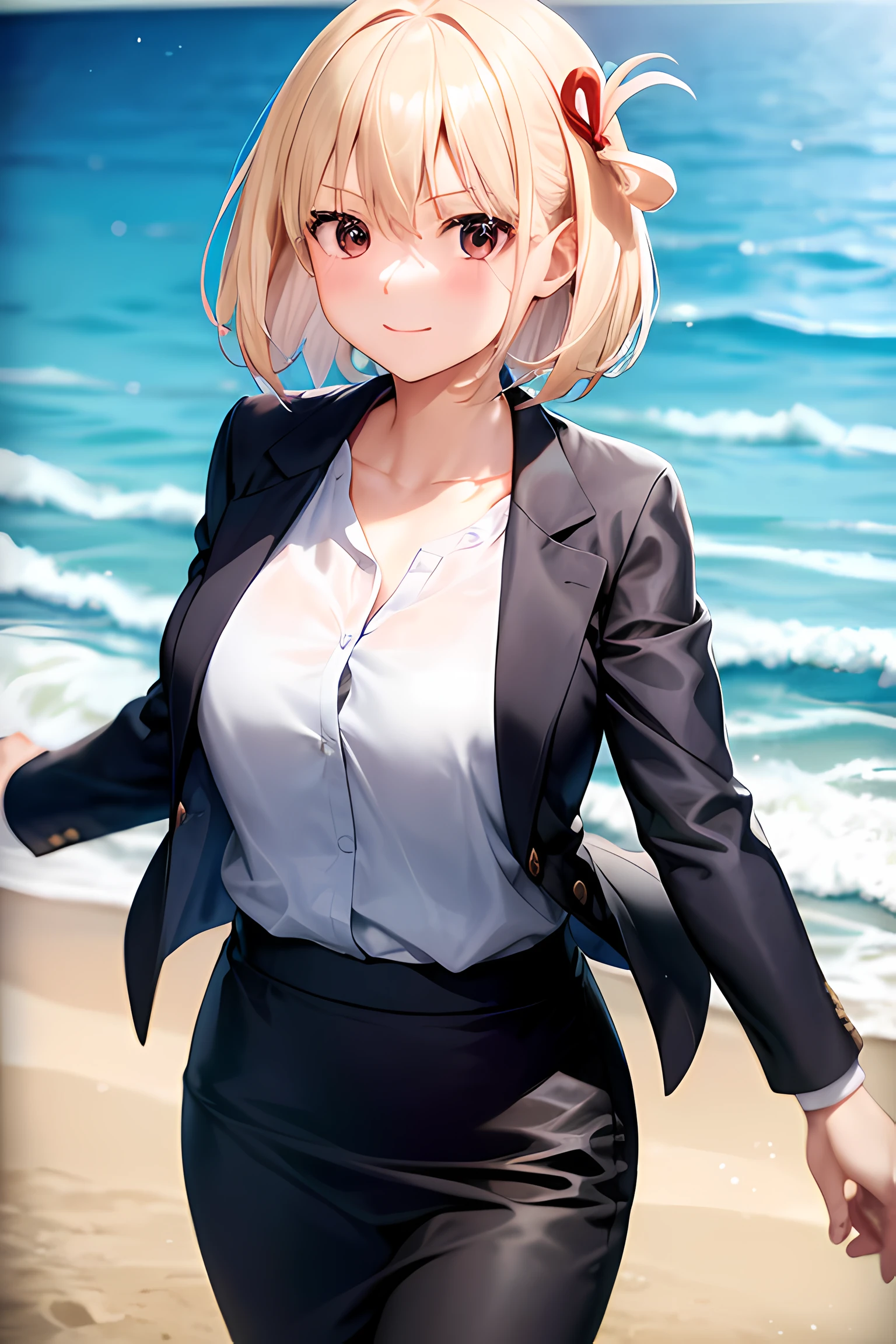 1girl, chisato nishikigi, suit, beach background, office lady, black skirt, black blazer, pencil skirt, white shirt, blonde hair, bob cut, hair ornament, red hair ribbon, short smile, teenager,