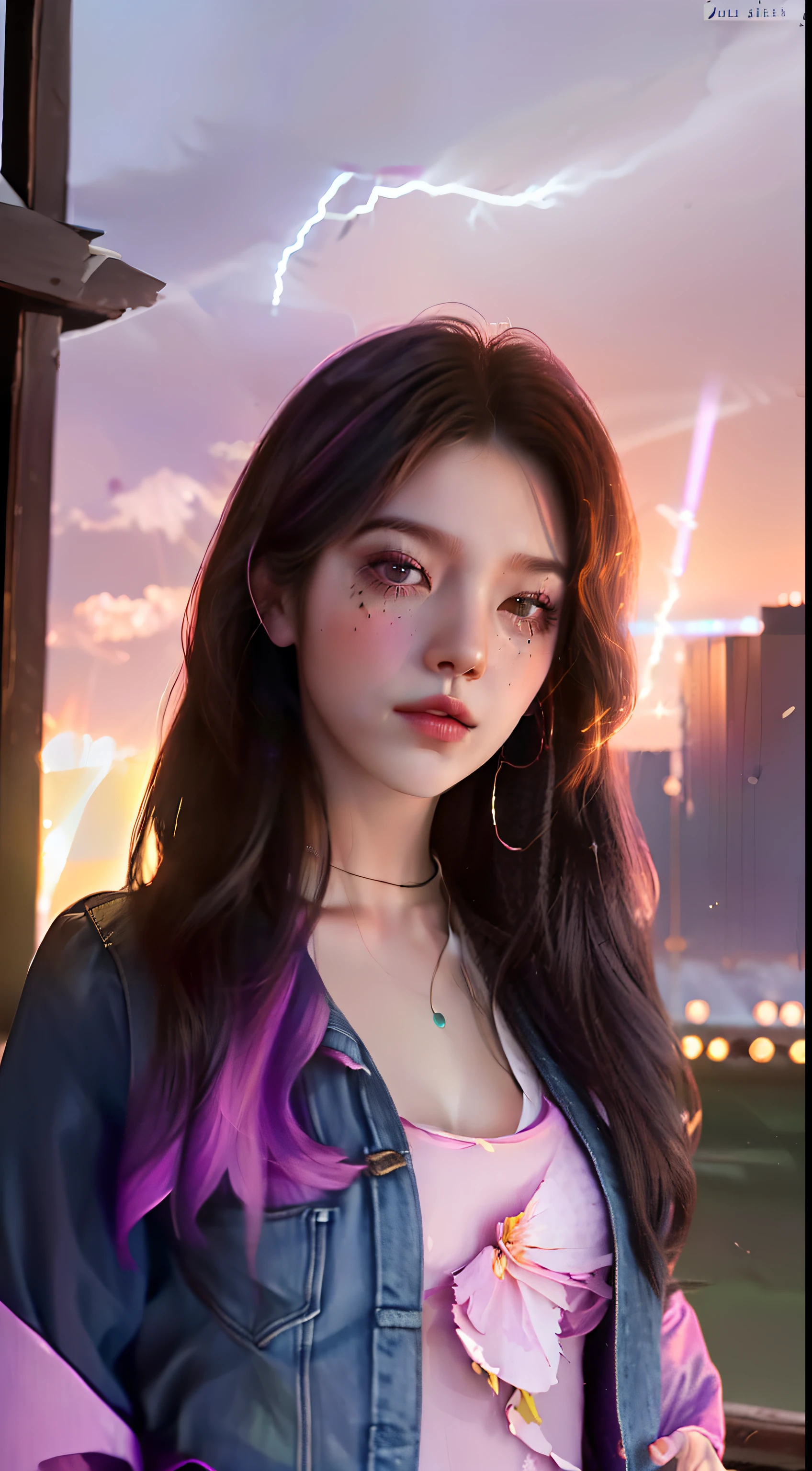 a beautiful brunette girl, long black hair develops in the wind, comes out of a purple portal, dressed in torn jeans and a shirt, an orchid flower lies next to her, against a pink sunset, magical fantasy sparks and lightning flicker over the girl, 8k, 4k, breathtaking, lush detail, cinematic, commercial art, digital art, digital painting