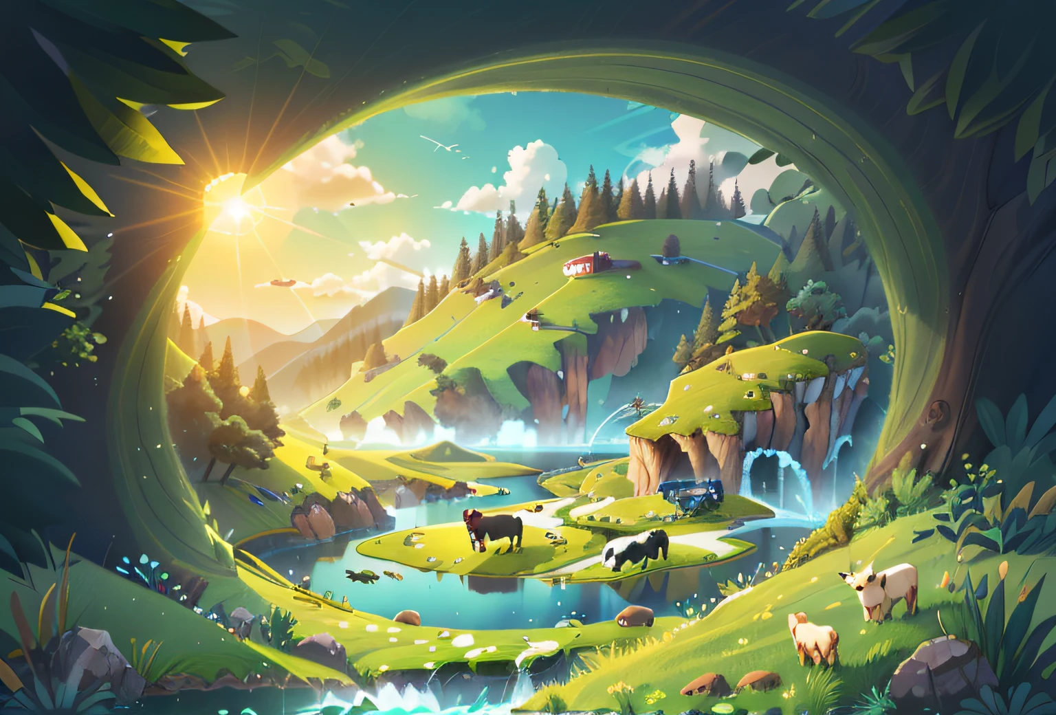 Generate grasslands around graphics,Icon shaped lake water,dairy cattle,pastures