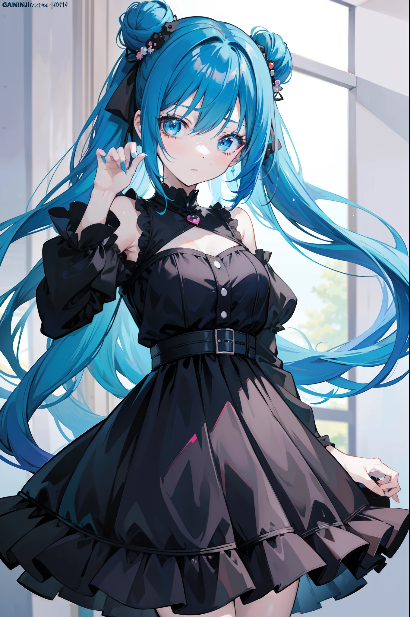 anime girl with blue hair and black dress holding her hands up, anime moe artstyle, cute anime waifu in a nice dress, anime girl wearing a black dress, loli in dress, attractive anime girl, seductive anime girl, (anime girl), an anime girl, anime girl, pretty anime girl, anime girl with teal hair, anime style character, anime waifu, hair bun