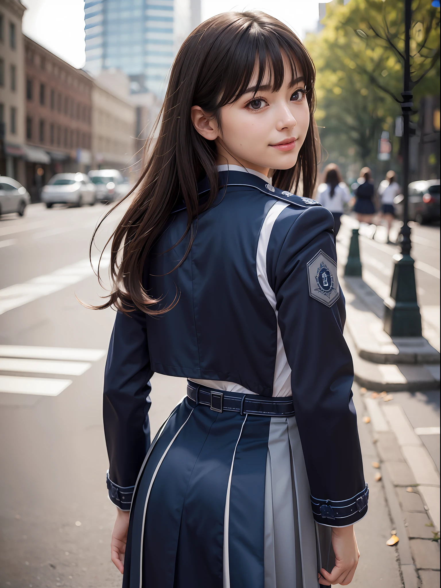 (masterpiece, best quality:1.4), (full body), (standing:1.2), (from behind:1.5), 1girl, solo, inoue takina, long hair, bangs, black hair, (purple eyes:1.2), BREAK shirt, long sleeves, dress, ribbon, school uniform, white shirt, collared shirt, belt, neck ribbon, blue dress, green ribbon, pleated dress, grey dress, two-tone dress, blue belt, (lycoris uniform:1.5), at the city looking at viewer, beautifull smile, beautiful face, highly detailed face, highly detailed eyes, highly detailed skin, skin pores, subsurface scattering, realistic pupils, full face blush, full lips, detailed background, depth of field, volumetric lighting, sharp focus, absurdres, realistic proportions, good anatomy, (realistic, hyperrealistic:1.4), 16k hdr,