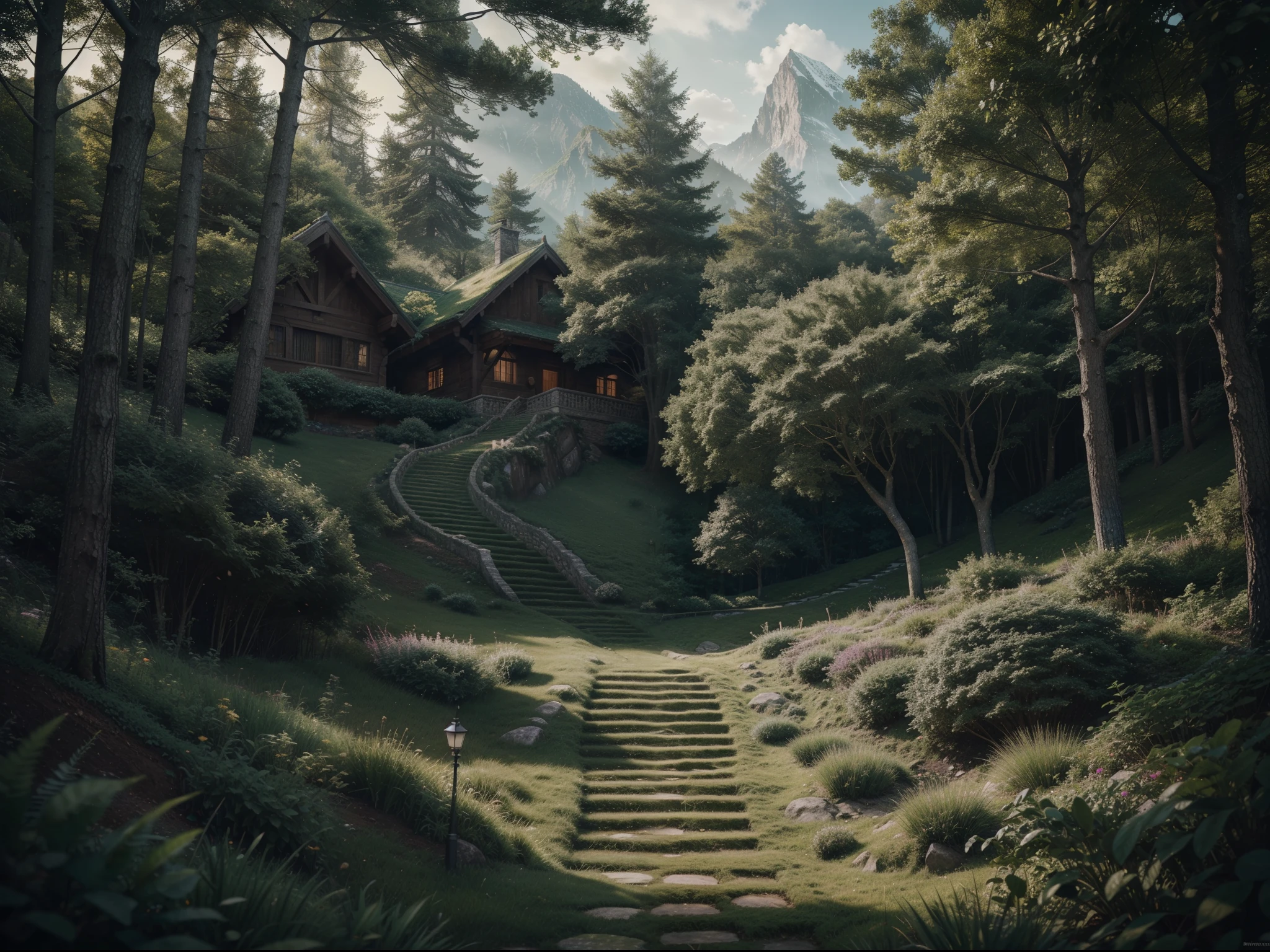 hyper realistic, Up the green slope, beneath the forest’s roof, With slow, soft steps leaving the mountain’s steep, And sought those inmost labyrinths, motion-proof, 64k resolution photorealistic Masterpiece by Ridley Scott, intricately detailed fluid painting, HD, professional photography, dark lighting, volumetric lighting maximalist photo illustration, 64k resolution concept art with intricately detailed, complex, elegant, expansive, fantastical, ultra sharp, 64k