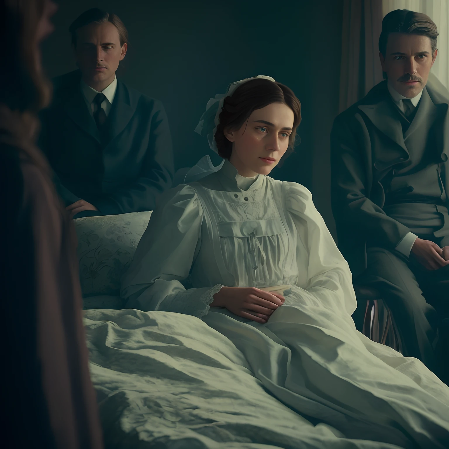 There are three people sitting in a room with a bed, a still of an ethereal, inspirado em Anna Ancher, inspirado em Jaroslava Korol, Retrato de Emily Blunt como rainha, inspirado em Michael Ancher, ainda do filme, filme promocional ainda, inspirado em Jens Ferdinand Willumsen, inspired by Évariste Vital Luminais, dramatic movie still