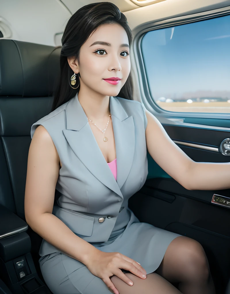 Asian air stewardess in 20s, emerald earrings, pink lipstick, gray skirt suit, sheer hose, inside airplane with seats, huge size, detailed face. (8K, Best Quality: 1.2), (Masterpiece, Photorealistic: 1.3), Super Detail, anatomically correct