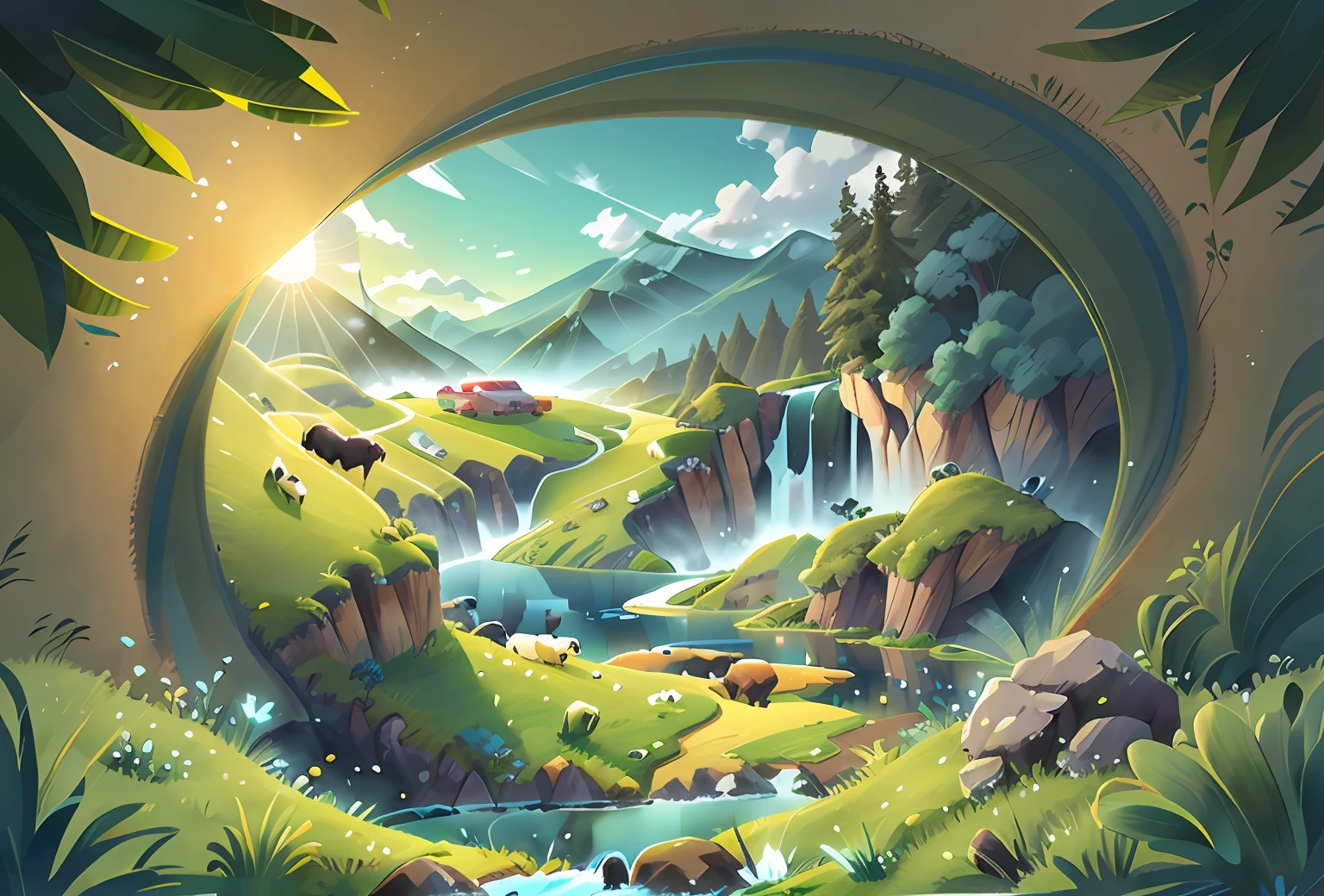 Generate grasslands around graphics,Icon shaped lake water,dairy cattle,pastures