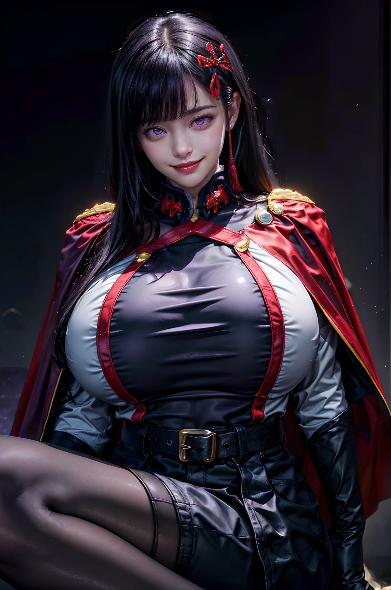 Ultra realistic illustration, yamashiro768, look at viewer, solo, 1girl, (purple eyes:1.5), pantyhose, black hair, gloves, cape, long hair, white gloves, black pantyhose, belt, red cape, boots, blue footwear, hair ornament, bangs, long sleeves, purple footwear, high heels, large breasts, dynamic pose, (gigantic breasts:1.5), (evil smile:1.5), hyperrealistic, dramatic, pixabay, sharp focus, vivid, cinematic lighting, (extremely detailed), (depth of field:1.5), low angle shot