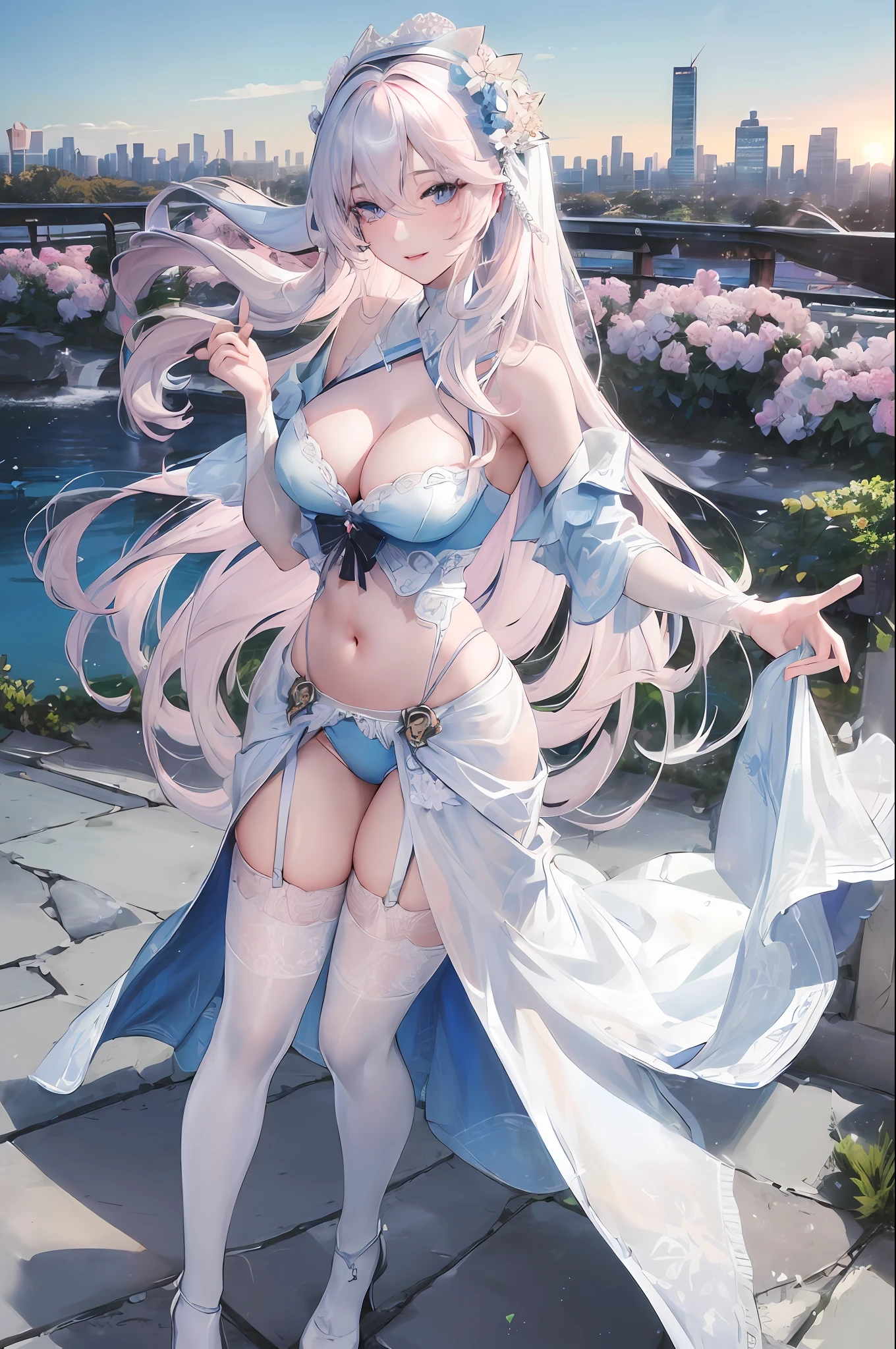 official art, masterpiece, sharp focus, (beautiful gorgeous cute Korean woman:1.3), (beautiful cute korean:1.3), korean beauty, Delicate and beautiful hair and eyes and face, realistic, ultra detailed, beautiful girl, blue sky, glow white particle, (sidelighting:1.2), sun light, white cloud, detailed clouds, slender, Lovely very large breasts and very large hips, smile with teeth, ((smile with eyes, open both eyes)), scenery, long straight hair, sexy facial expression, building, (cityscape:1.7), dynamic hair, long straight hair, detailed very white pink hair, blue eyes, white floral bra, white floral panties, garter belt, black thighhighs, full body, pale skin, hair ornament, epic scenery,