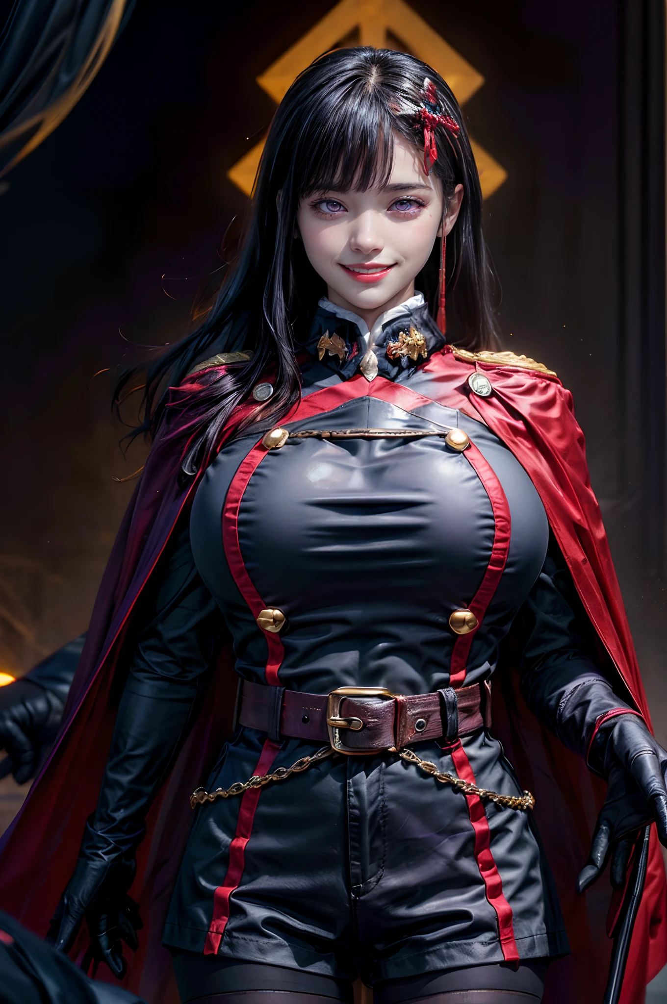 Ultra realistic illustration, yamashiro768, look at viewer, solo, 1girl, (purple eyes:1.5), pantyhose, black hair, gloves, cape, long hair, white gloves, black pantyhose, belt, red cape, boots, blue footwear, hair ornament, bangs, long sleeves, purple footwear, high heels, large breasts, dynamic pose, (gigantic breasts:1.5), (evil smile:1.5), hyperrealistic, dramatic, pixabay, sharp focus, vivid, cinematic lighting, (extremely detailed), (depth of field:1.5), low angle shot