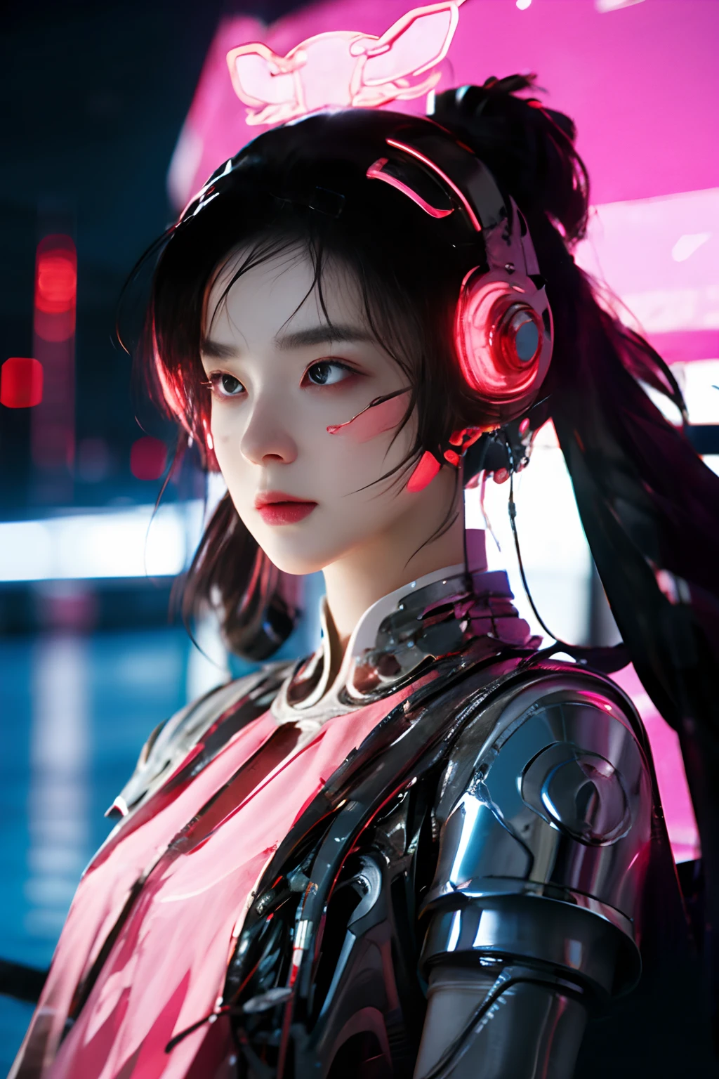 1 woman， Chinese style， pink and black，in cockpit， Glowing pink eyes， long whitr hair， Wear glowing mechanical armor，cyber punk perssonage， a high-tech city， full of machinery and futuristic element， afofuturism， technologies，luminous neon lights，Pink light，laser，Digital background city sky，Best quality at best，tmasterpiece，8K,Character edge light，hyper-high detail，high qulity，