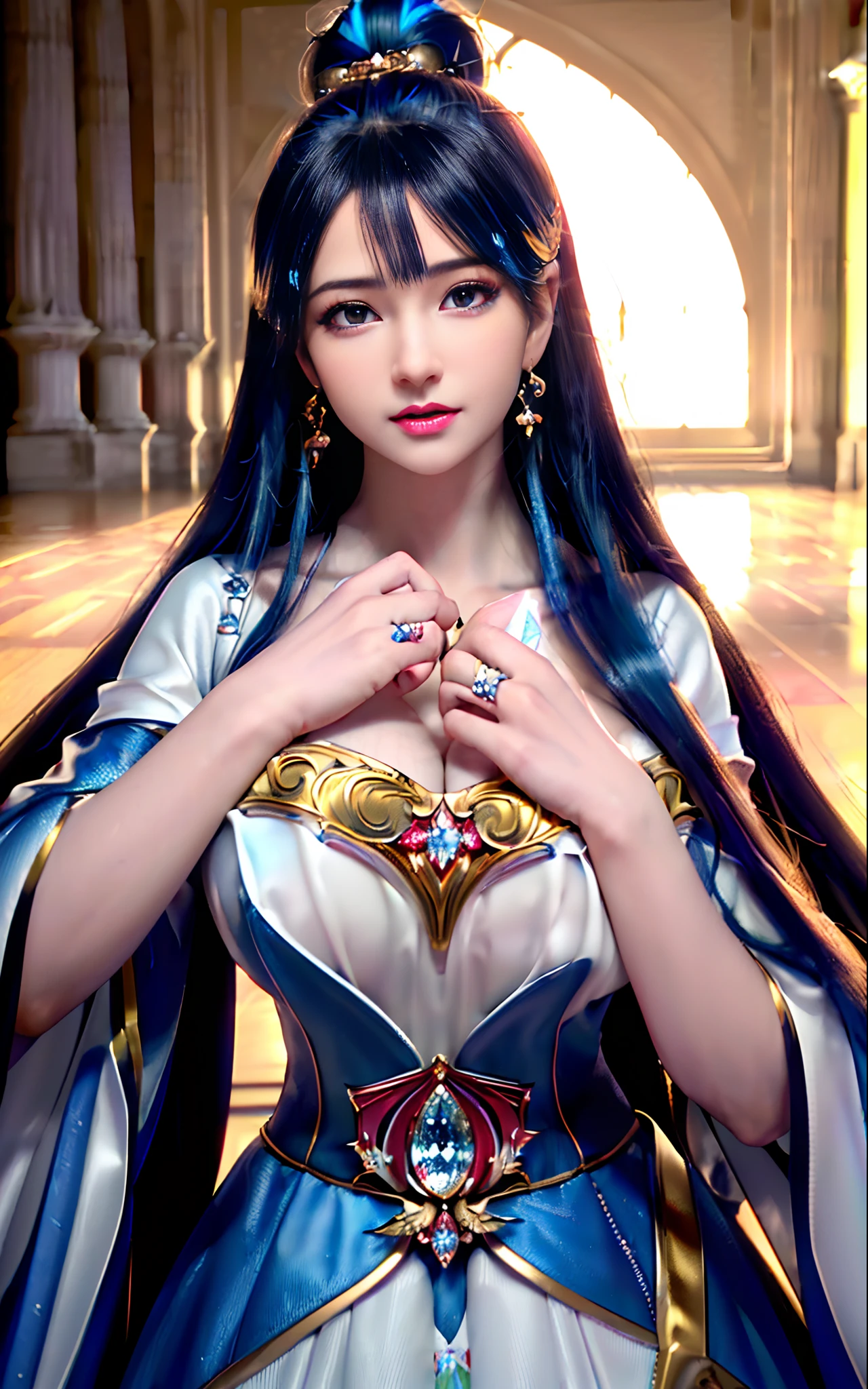 ((realisticity: 1.2)), ((realistic: 8K UHD)), ((best resolution: 8K UHD)), hyper detailed, best quality,masterpiece,highres,cg, ((1 girl hyper detailed and hyper realistic) ) , ((beautiful queen, hyper realistic and hyper detailed)),((white skin, beautiful, smooth, youthful, hyper realistic and hyper detailed )), ((Face hyper beautiful, white, hyper realistic and hyper detailed ) ), long hair, ((hyper realistic and hyper detailed dress)), solo, ((hyper realistic, hyper beautiful, beautiful and hyper detailed jewelry)), ((hyper beautiful deep red and golden yellow dress, hyper realistic and hyper detailed )) , ((Her pretty, hyper realistic, hyper detailed diamond filled earrings)), ((Her gorgeous diamond haircut, hyper realistic and hyper detailed)), ((hyper pretty upper body, hyper beautiful, hyper realistic and hyper detailed) ), ((medium breast: 1.1)), ((hyper realistic, hyper pretty, hyper detailed boobs)), ((the backgroun of the royal palace is hyper majestic, hyper realistic and hyper detailed)),((hands and palms hyper beautiful, hyper detailed, hyper realistic)), ((hyper detailed and hyper realistic fingers and fingernails)), ((hyper pretty fingernails, hyper vivid, hyper detailed, hyper realistic)), ((thumb, index finger, middle finger, ring finger, little finger hyper vivid, hyper pretty, hyper detailed, hyper realistic)),
((hyper beautiful fingers, hyper detailed, and hyper realistic)), ((posture not too fat and not too thin, hyper realistic, hyper detail)), ((hyper pretty, hyper pretty, hyper realistic and hyper detailed hair bun)), ((hyper pretty , hyper realistic and hyper detailed blue hair)), candid, Photo, high resolution, 8k , bokeh,