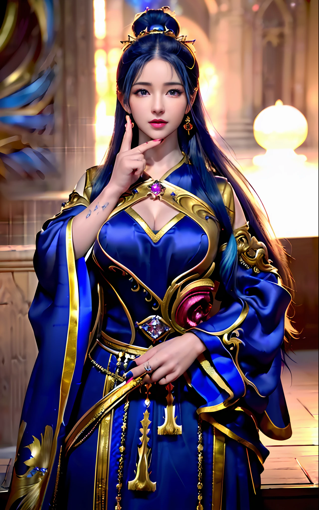 ((realisticity: 1.2)), ((realistic: 8K UHD)), ((best resolution: 8K UHD)), hyper detailed, best quality,masterpiece,highres,cg, ((1 girl hyper detailed and hyper realistic) ) , ((beautiful queen, hyper realistic and hyper detailed)),((white skin, beautiful, smooth, youthful, hyper realistic and hyper detailed )), ((Face hyper beautiful, white, hyper realistic and hyper detailed ) ), long hair, ((hyper realistic and hyper detailed dress)), solo, ((hyper realistic, hyper beautiful, beautiful and hyper detailed jewelry)), ((hyper beautiful deep red and golden yellow dress, hyper realistic and hyper detailed )) , ((Her pretty, hyper realistic, hyper detailed diamond filled earrings)), ((Her gorgeous diamond haircut, hyper realistic and hyper detailed)), ((hyper pretty upper body, hyper beautiful, hyper realistic and hyper detailed) ), ((medium breast: 1.1)), ((hyper realistic, hyper pretty, hyper detailed boobs)), ((the backgroun of the royal palace is hyper majestic, hyper realistic and hyper detailed)),((hands and palms hyper beautiful, hyper detailed, hyper realistic)), ((hyper detailed and hyper realistic fingers and fingernails)), ((hyper pretty fingernails, hyper vivid, hyper detailed, hyper realistic)), ((thumb, index finger, middle finger, ring finger, little finger hyper vivid, hyper pretty, hyper detailed, hyper realistic)),
((hyper beautiful fingers, hyper detailed, and hyper realistic)), ((posture not too fat and not too thin, hyper realistic, hyper detail)), ((hyper pretty, hyper pretty, hyper realistic and hyper detailed hair bun)), ((hyper pretty , hyper realistic and hyper detailed blue hair)), candid, Photo, high resolution, 8k , bokeh,