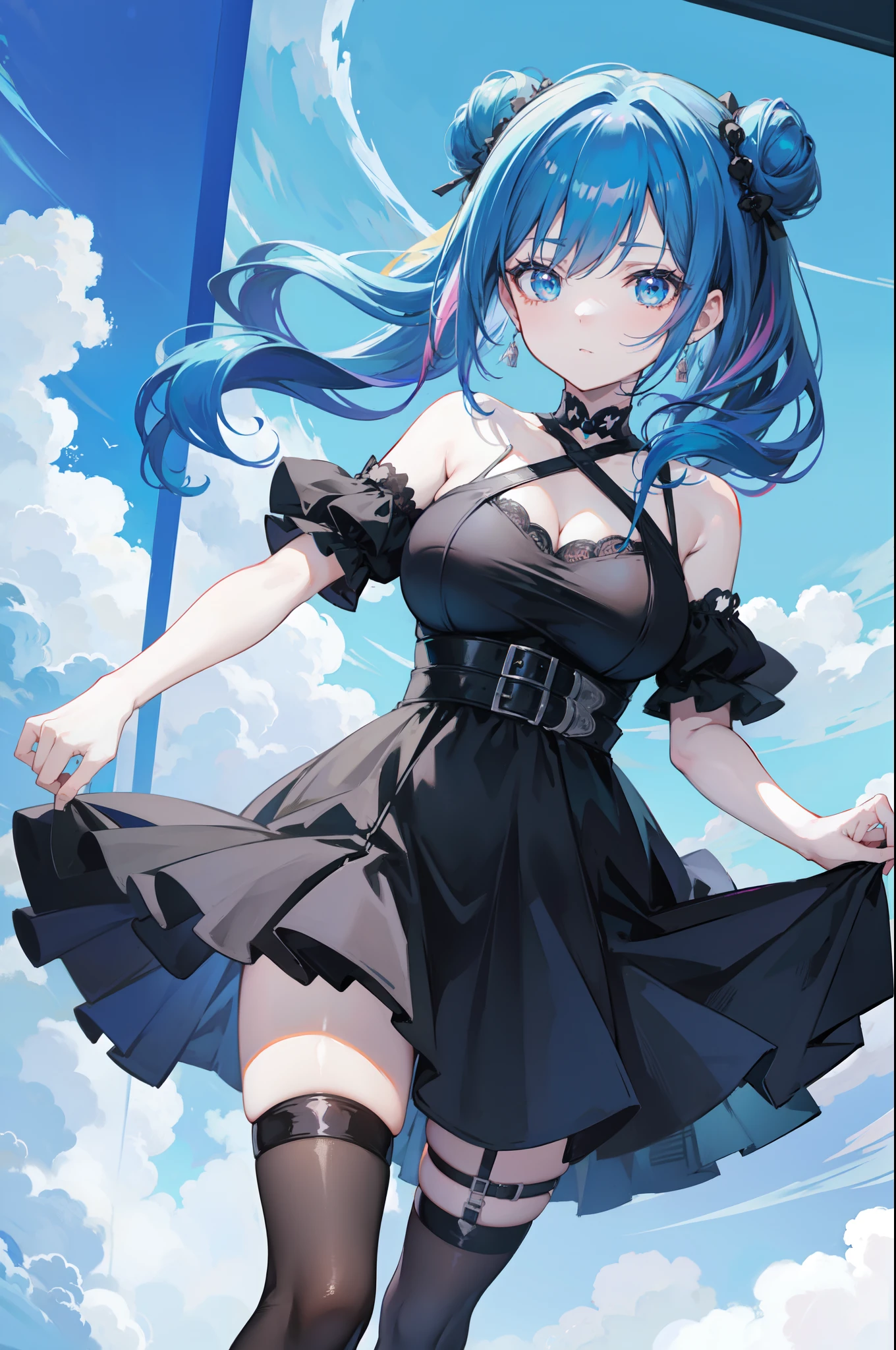 anime girl with blue hair and black dress holding her hands up, anime moe artstyle, cute anime waifu in a nice dress, anime girl wearing a black dress, loli in dress, attractive anime girl, seductive anime girl, (anime girl), an anime girl, anime girl, pretty anime girl, anime girl with teal hair, anime style character, anime waifu, hair bun, cleavage