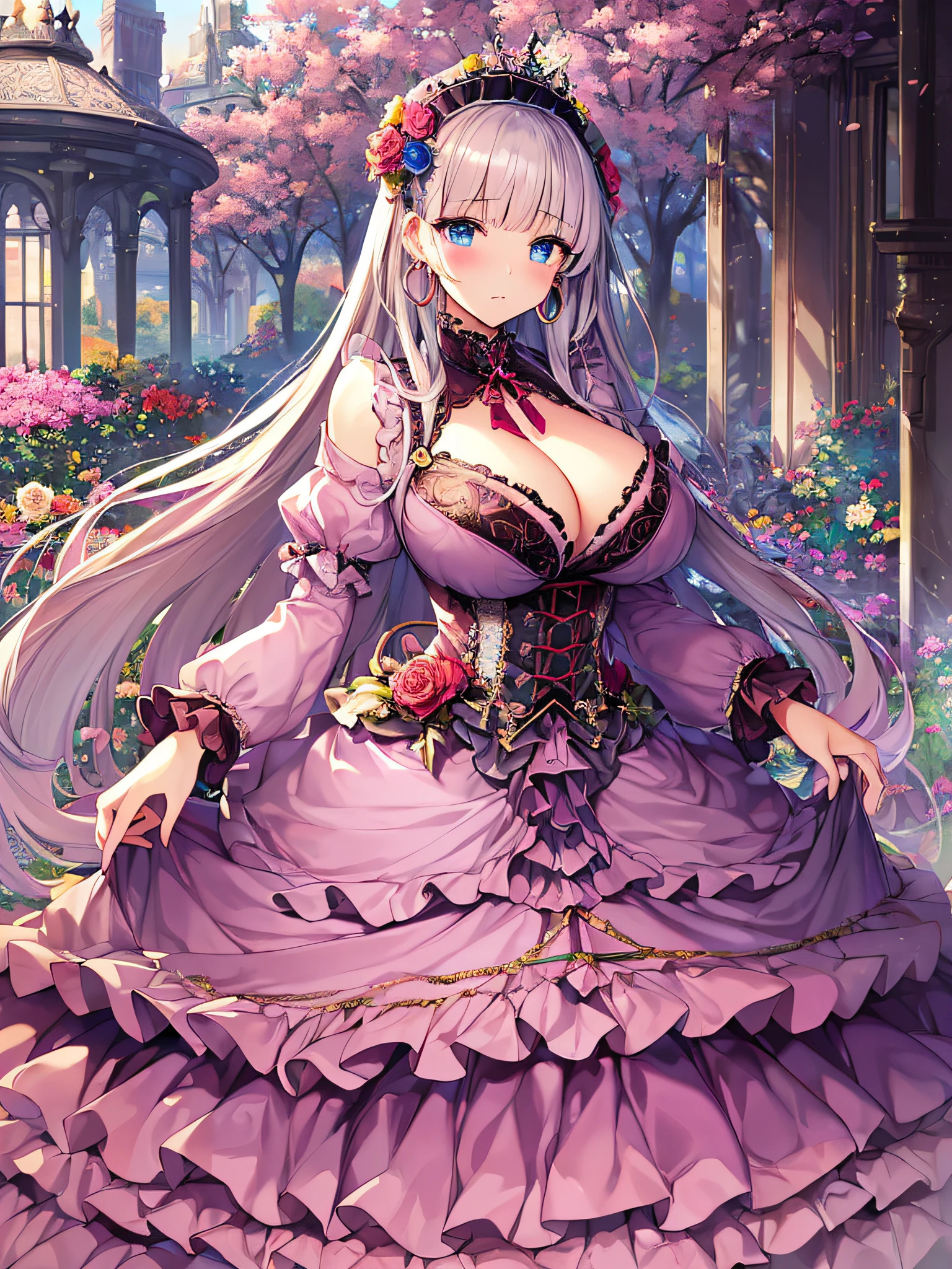 ((anime artstyle)),(Masterpiece),(Best Quality), (Super Detail),((Very Delicate and Beautiful)),(((Solo))),((full body)),(((1 princess in pink ta dress with voluminous full length hoop skirt))),((standing in garden)),Long train,(bling-bling gorgeous gemstone jewelry),detailed face and eyes,jewel-like eyes,cry,((large amount of straight hair,extremely voluminous Very Long Straight Hair)),((gigantic tits,Long tits)),cleavage,(gorgeousfull embroidery and lace),gorgeous corsage,See-through,((extremely gorgeousfull loliair ornament)),bling-bling extremely gorgeousfull jeweled tiara,ornate ruffles,beautiful embroidery,(hoop skirt,crinoline),flowers, flower petals flowing,((Dynamic Angle)),Looking at viewer,((full body)),sweet lolita d with voluminous full length hoop skirt