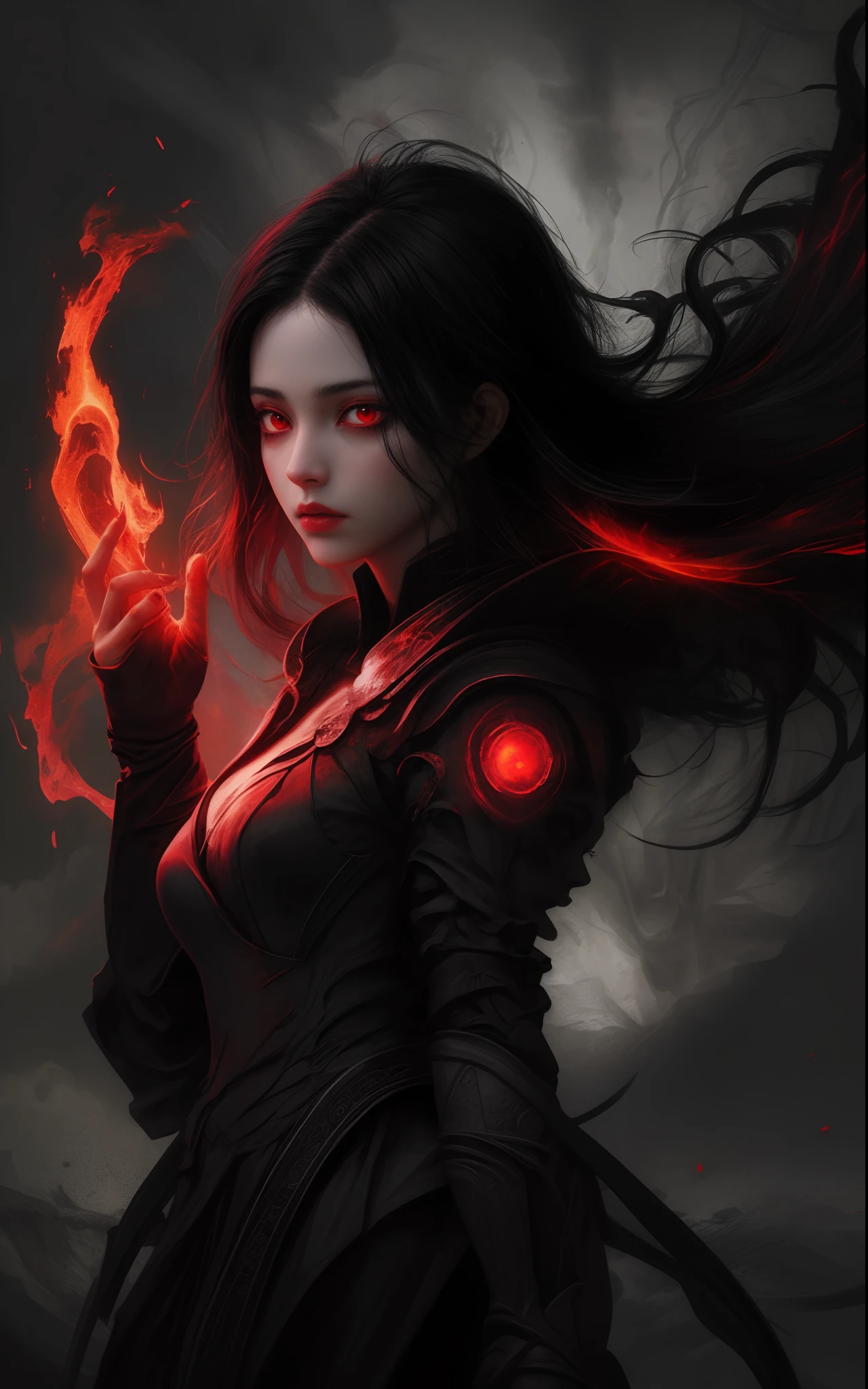 1girl, black hair, red eyes, fire witch, blood, light particles, light rays, wallpaper, high contrast, colorful