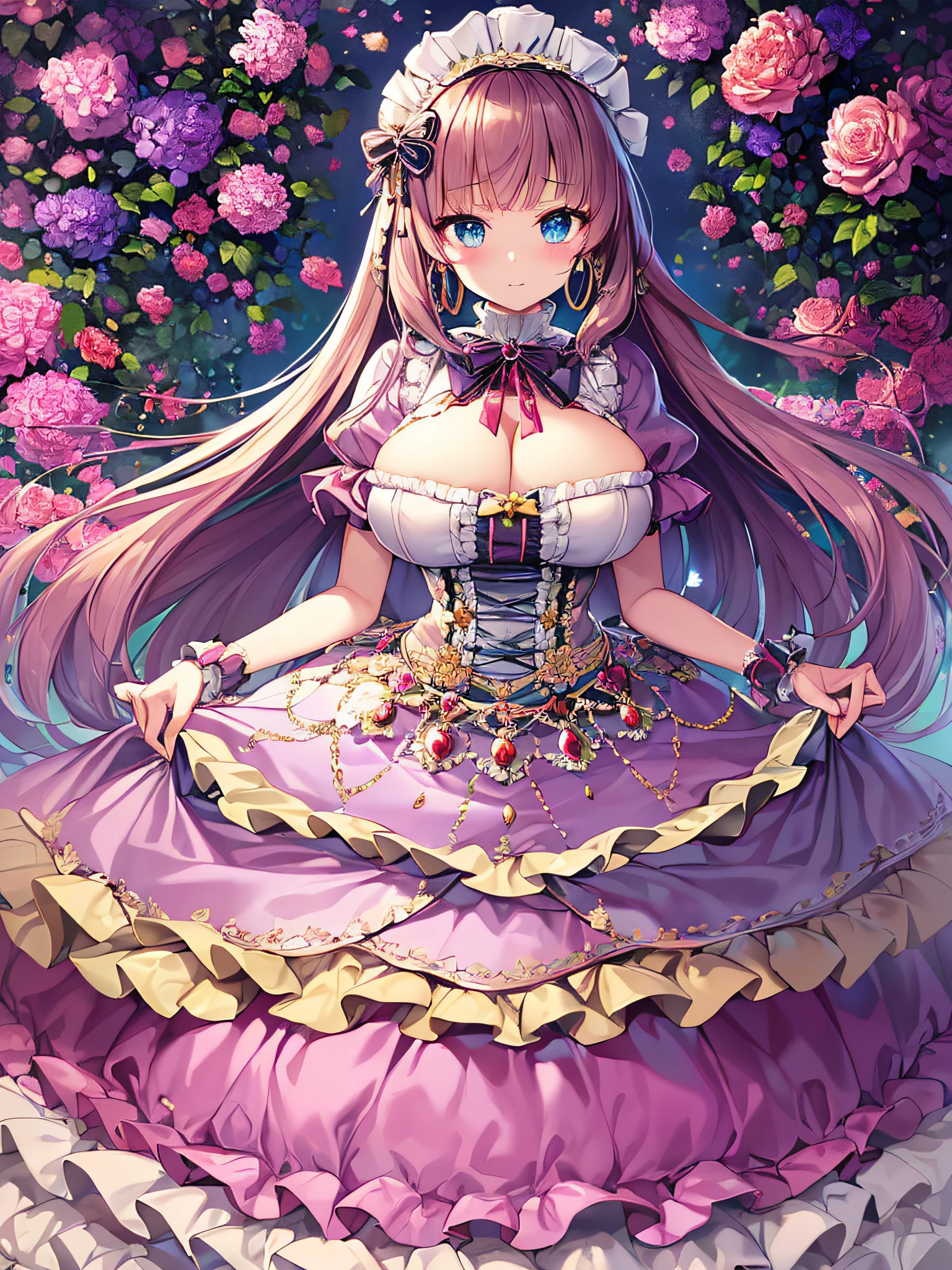 ((anime artstyle)),(Masterpiece),(Best Quality), (Super Detail),((Very Delicate and Beautiful)),(((Solo))),((full body)),(((1 princess in pink ta dress with voluminous full length hoop skirt))),((standing in garden)),Long train,(bling-bling gorgeous gemstone jewelry),detailed face and eyes,jewel-like eyes,cry,((large amount of straight hair,extremely voluminous Very Long Straight Hair)),((gigantic tits,Long tits)),cleavage,(gorgeousfull embroidery and lace),gorgeous corsage,See-through,((extremely gorgeousfull loliair ornament)),bling-bling extremely gorgeousfull jeweled tiara,ornate ruffles,beautiful embroidery,(hoop skirt,crinoline),flowers, flower petals flowing,((Dynamic Angle)),Looking at viewer,((full body)),sweet lolita d with voluminous full length hoop skirt