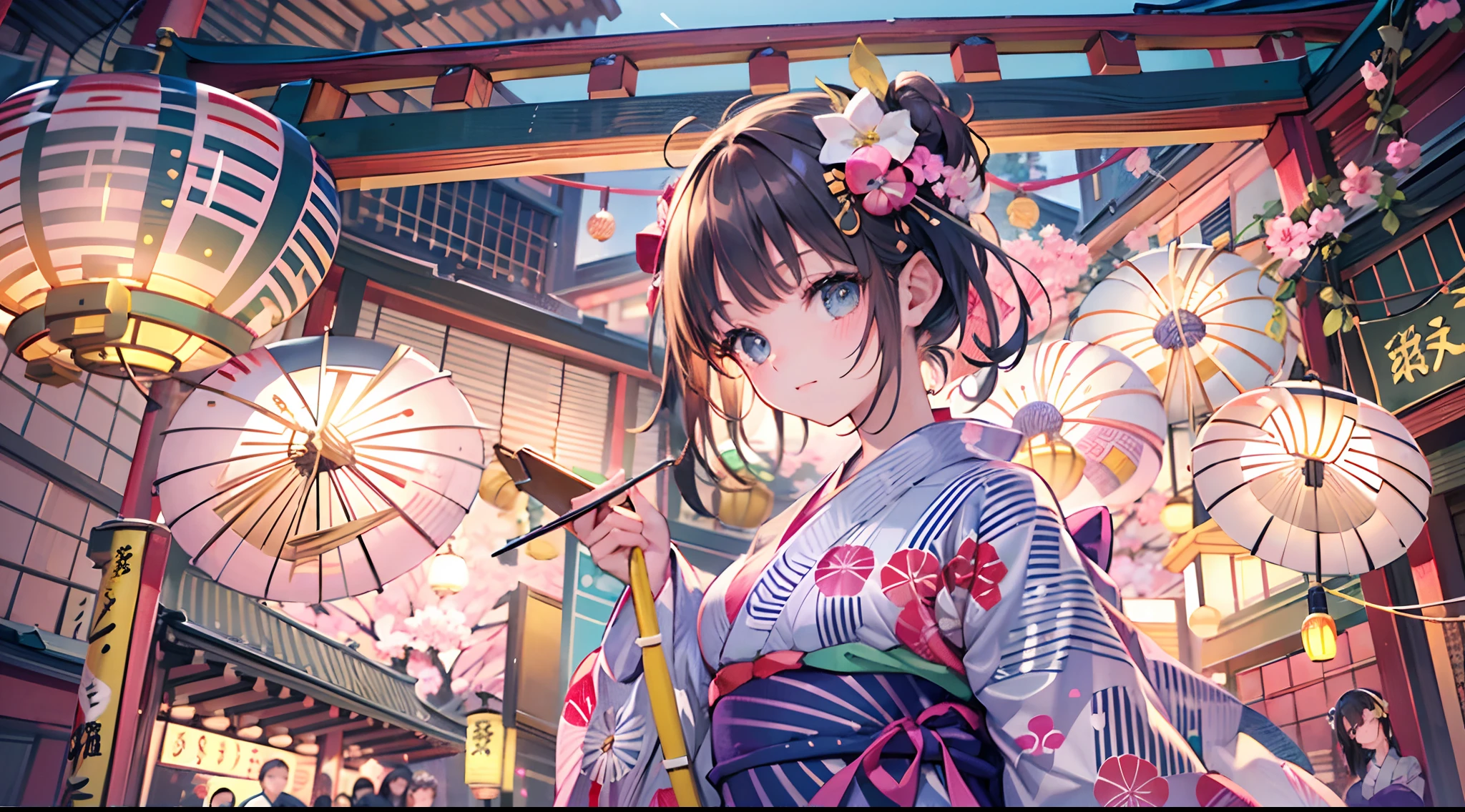 Masterpiece, top quality, super detailed CG, intricate details:1.5), 8k wallpapers, elaborate features,
 perfect cartoon illustration, 1 girl, pretty face, (yukata:1.5), Japan, japanese bon dance, summer, night, summer festival site (Japan)