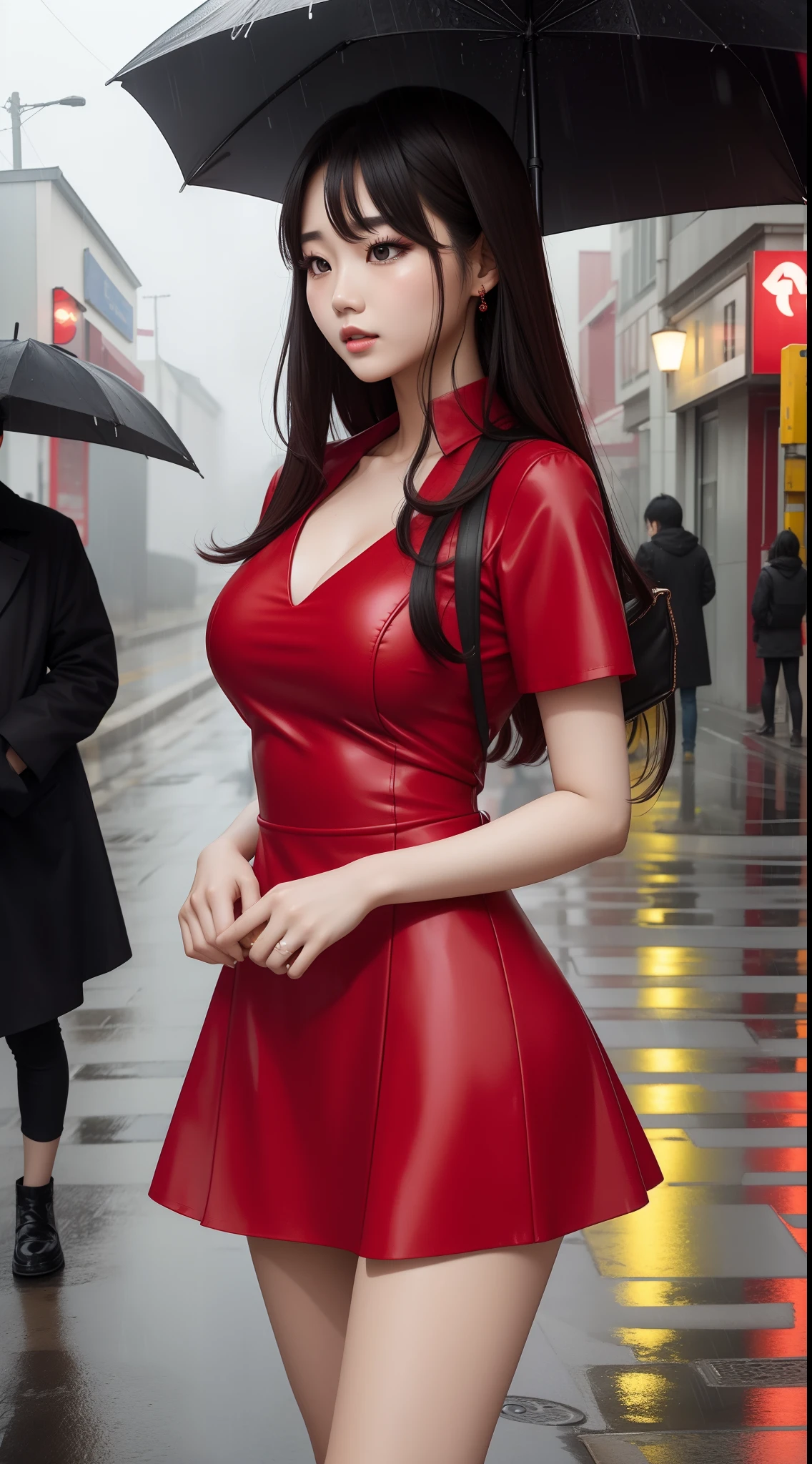 Beauty Korean idol wearing a Red Mini-Dress in a street,rain and fog outside