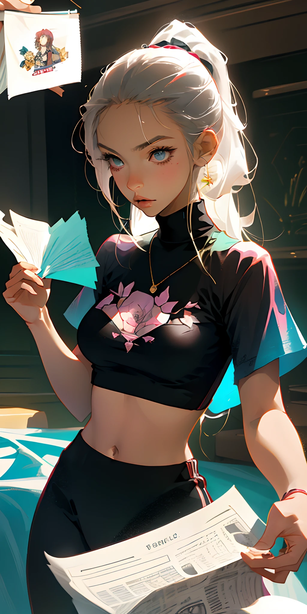 anime big breast,Simple,Girl with ponytail lying flat on a mattress,Wears a white crop top shirt,Small fan on the side,An open newspaper covers the face,Lay your right hand flat,Place your left hand on your navel,A half body