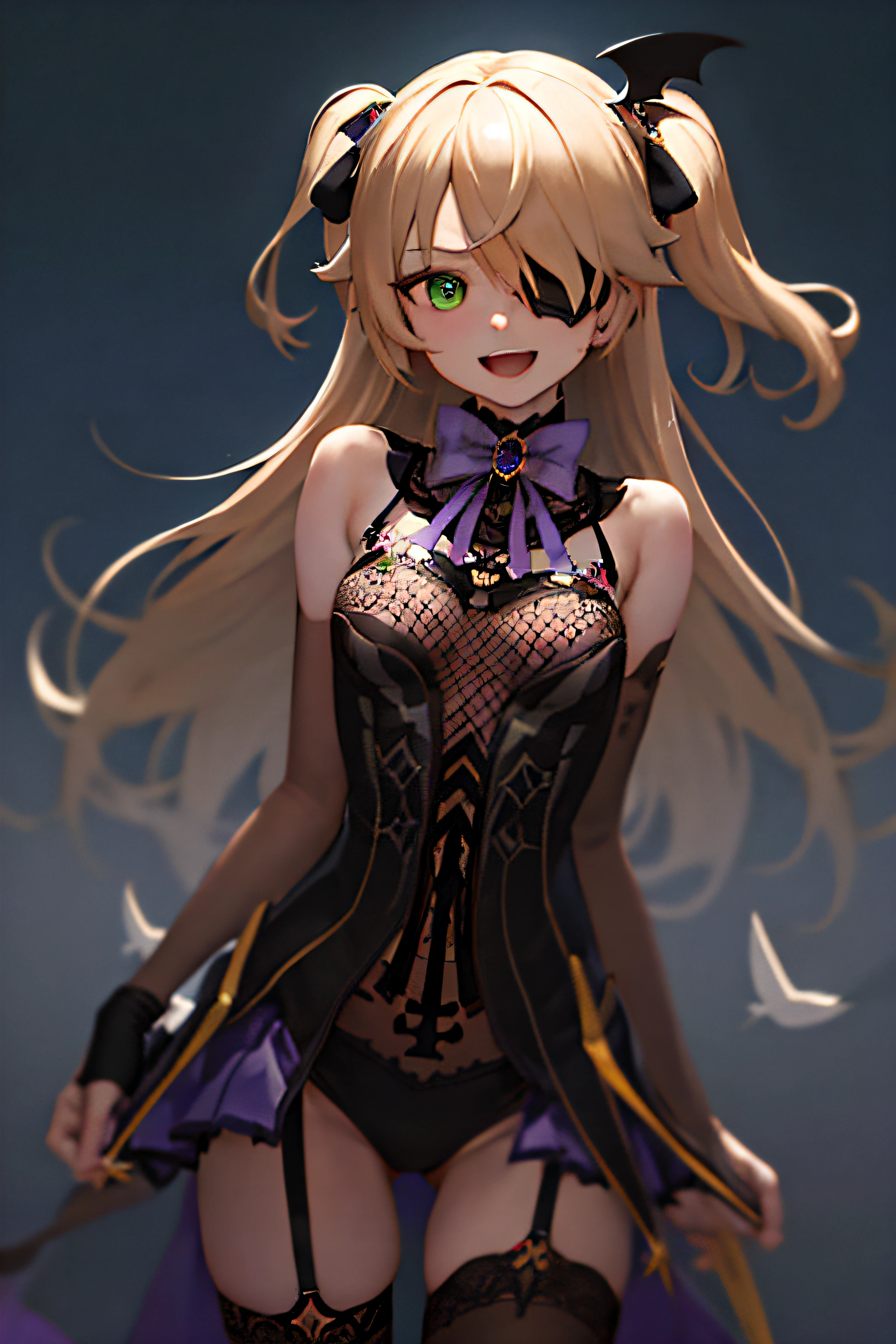 (Realistic painting style:1.1), masterpiece, best quality, absurdres, fischl (dunkelnacht sakrament) (genshin impact), green eyes, (white pupils:1.2), fischl (genshin impact), medium_breasts, asymmetrical sleeves, detached collar, detached sleeves, 1girl, solo, two side up, blonde hair, eyepatch, long hair, thighhighs, gloves, looking at viewer, open mouth, garter straps, bow, smile, breasts, single thighhigh, hair over one eye, single glove, bowtie, bangs, black background, dress, black thighhighs, bare shoulders, fishnets, ribbon, hair ribbon, small breasts, purple bow, black gloves, purple bowtie, bodystocking, single leg pantyhose, cowboy shot