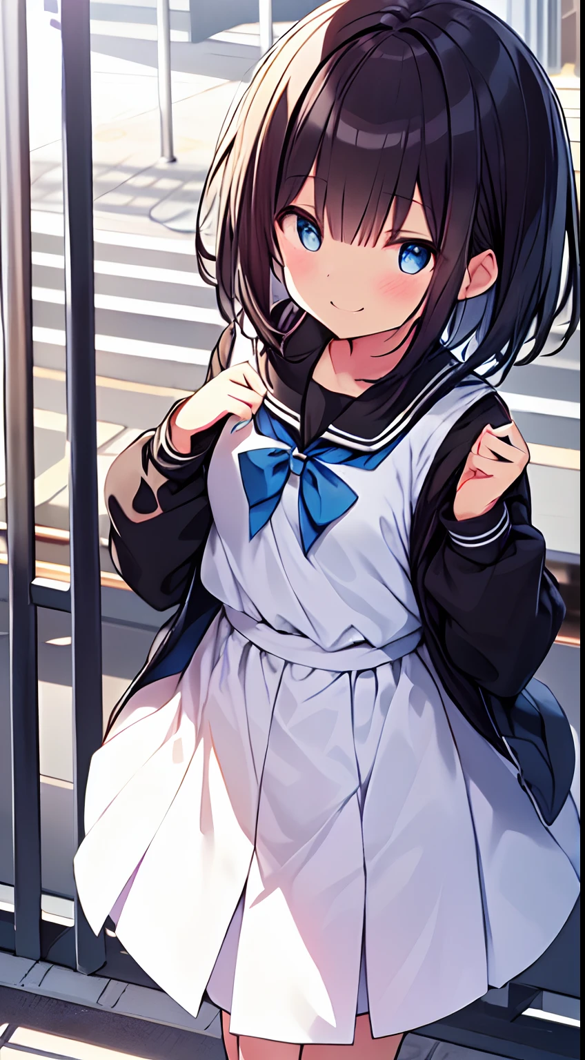 masutepiece, Best Quality,Illustration, Wallpaper, Ultra Detail, 1loli,Solo,Beautiful detailed eyes,Thick contour lines、Medium Short-Cut Hair、(student clothes)、Dark hair color、A smile、School Grounds、Walking next door、Kamimei、Angle from above