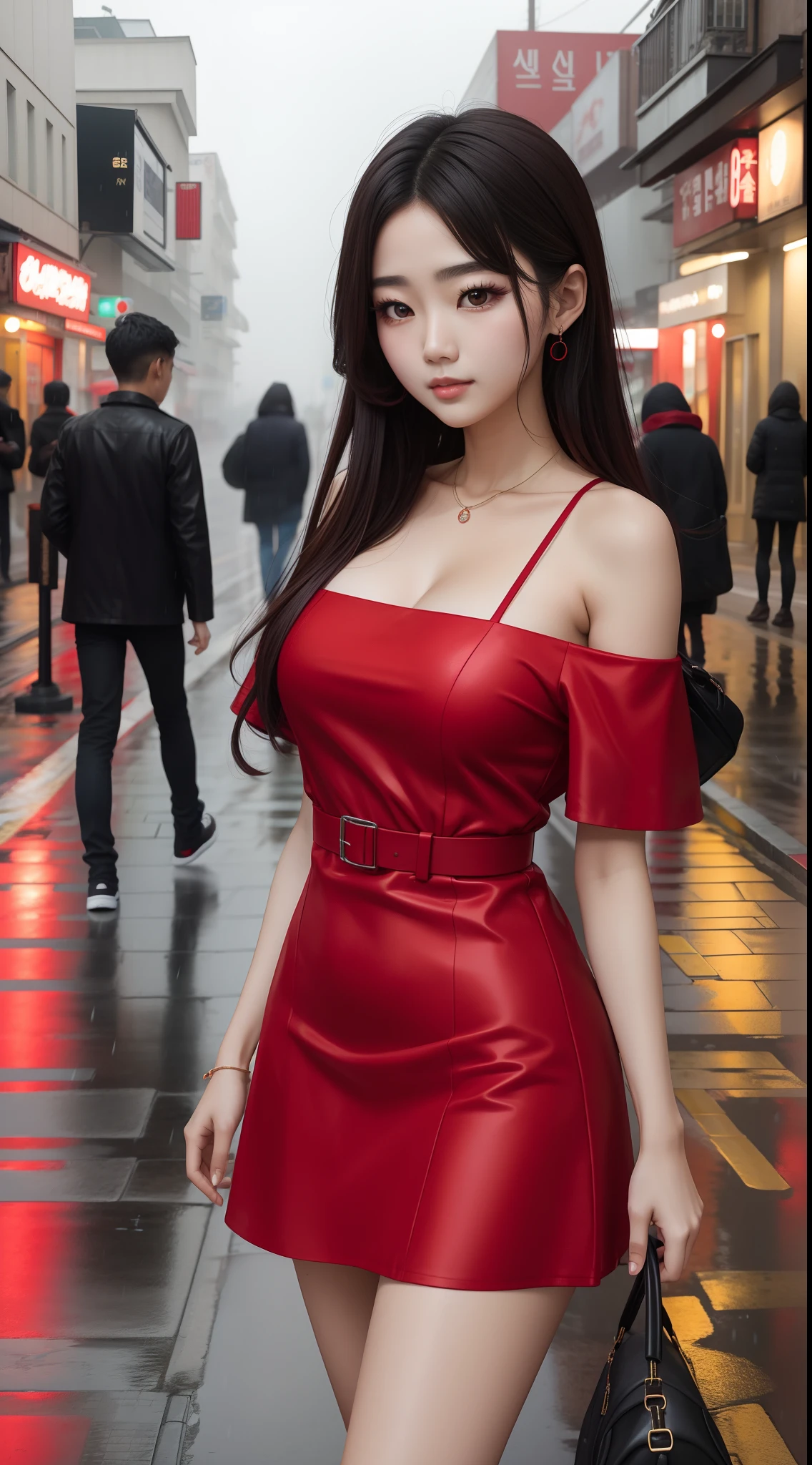 Beauty Korean idol wearing a Red Mini-Dress in a street,rain and fog outside