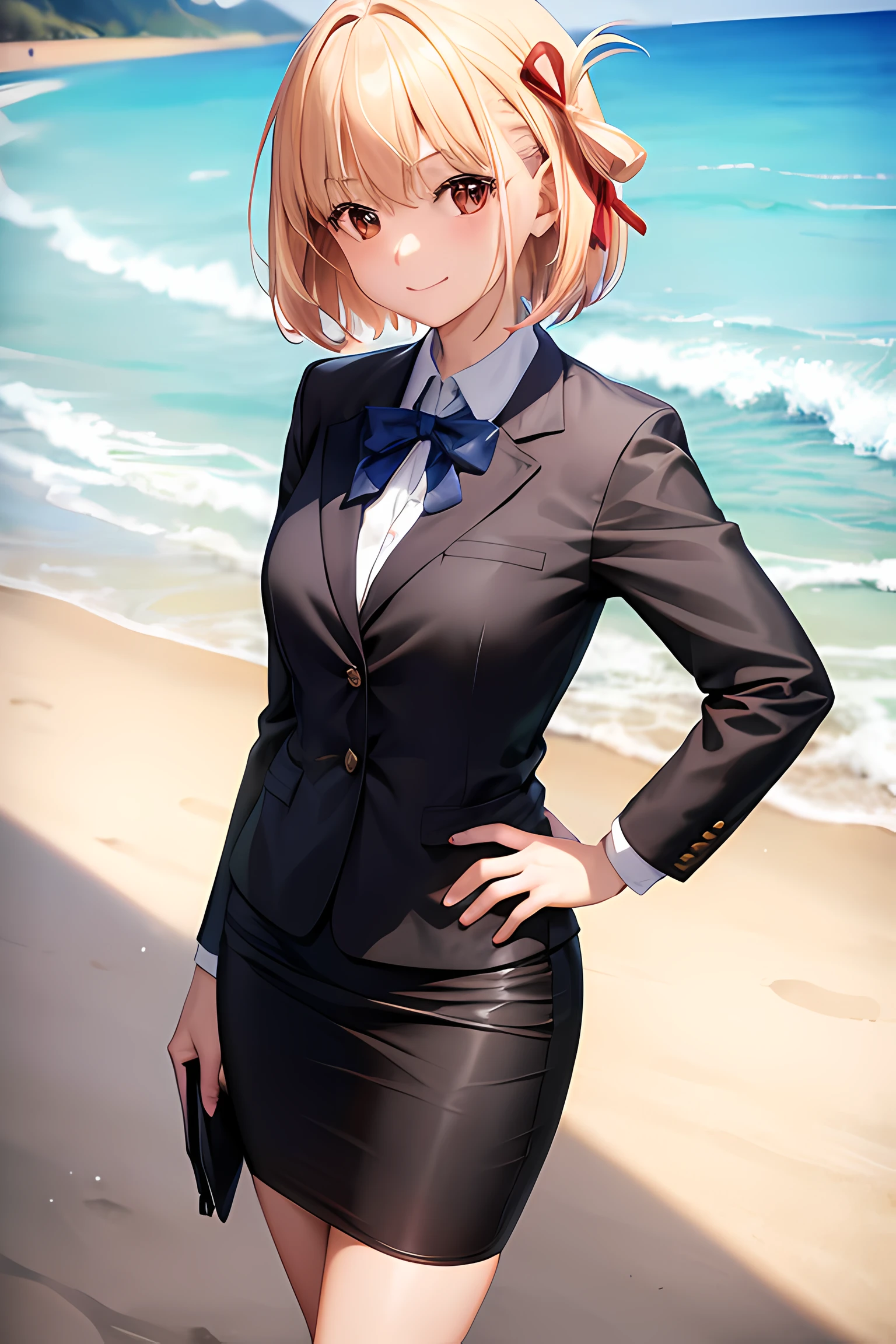 1girl, chisato nishikigi, suit, beach background, office lady, black skirt, black blazer, pencil skirt, white shirt, blonde hair, bob cut, hair ornament, red hair ribbon, short smile, teenager,