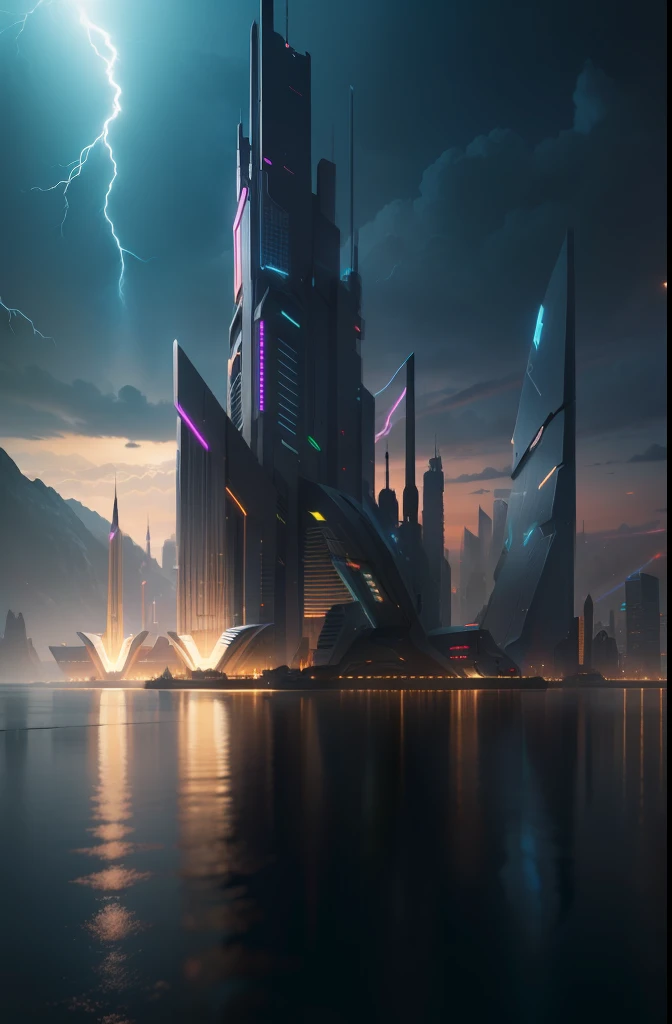 dskise,Cityscape,Crystal City,voluminetric lighting,color difference,concept-art,8k concept art,Greg Rutowski,unreal-engine,rendering by octane,Futuristic urban fantasy,Many islands are suspended in the air,extremy detailed,realistic raytraicing,Epic composition,Complicated details,Complex design(Hyper-detailing:1.2),art stations,tmasterpiece,best qualtiy,ULTRAHD 32k,Brilliant neon lights,More lightning in dark background,Outside the atmosphere