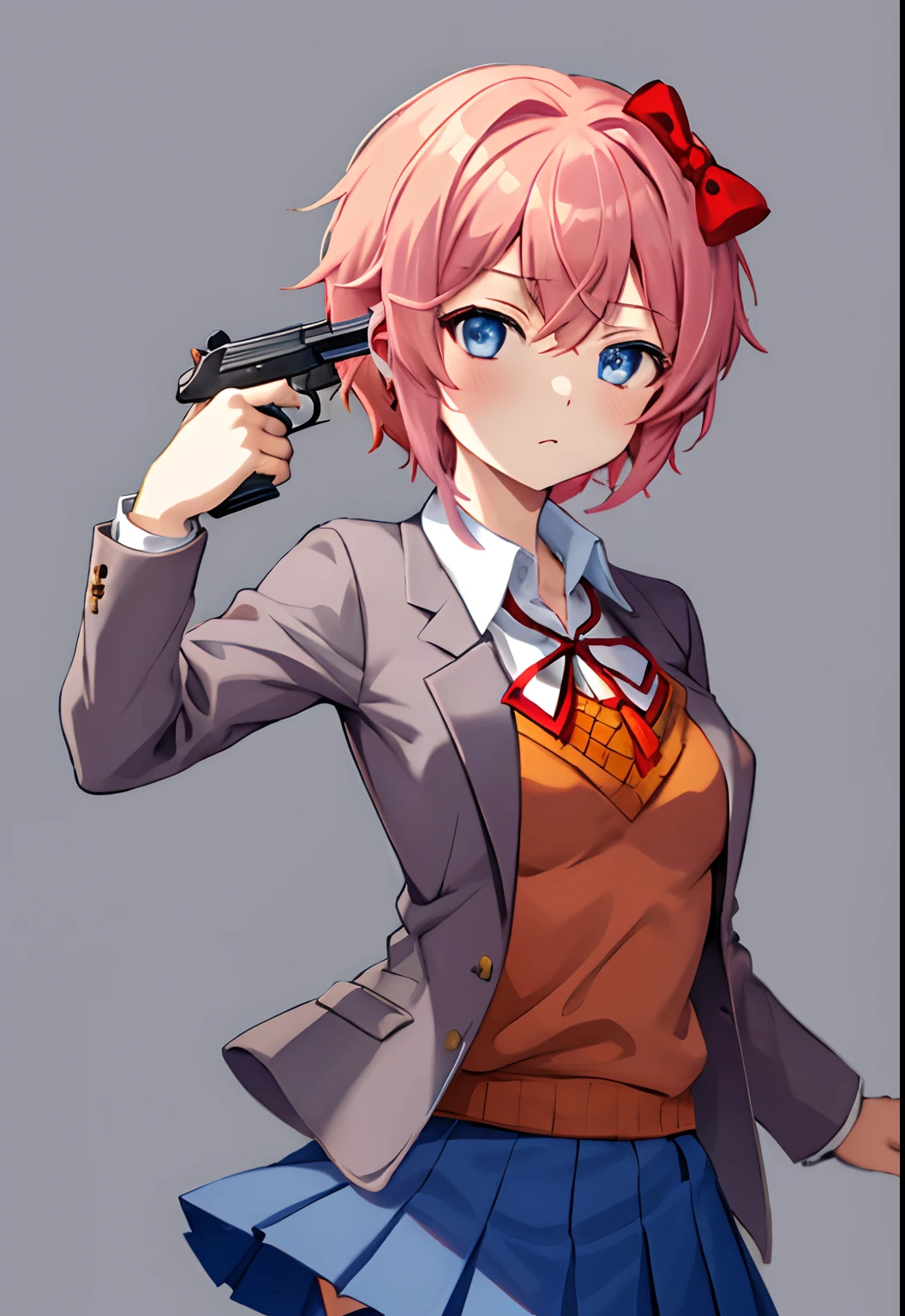 masterpiece, best quality, g2h, gun to head, handgun, holding gun, cowboy shot, 1girl, sayori, blue eyes, pink hair, hair bow, red bow, blazer, school uniform, brown sweater, collared shirt, neck ribbon, blue skirt, sad, expressionless, classroom background