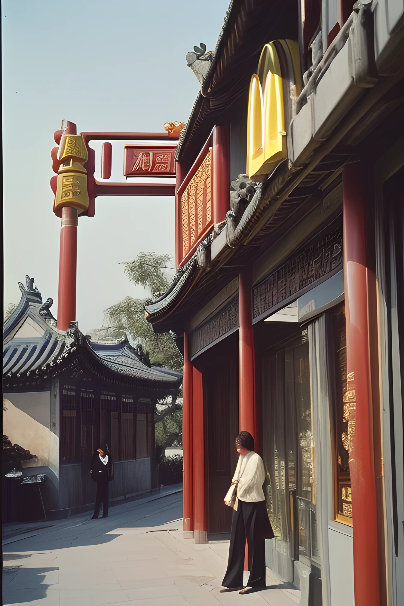 (masterpiece:1.4),(best quality:1.4),ultra highres,absurdres,ultra-detailed,(1970s China:1.2),old photos,1970s China photographed by foreign photographers,low saturation,Beijing Hutong,(McDonald's:1.1),