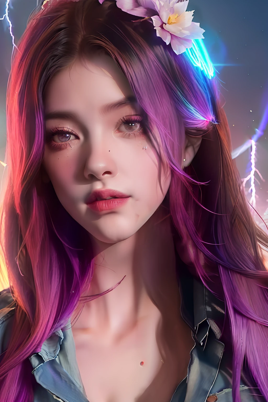 a beautiful brunette girl, long black hair develops in the wind, comes out of a purple portal, dressed in torn jeans and a shirt, an orchid flower lies next to her, against a pink sunset, magical fantasy sparks and lightning flicker over the girl, 8k, 4k, breathtaking, lush detail, cinematic, commercial art, digital art, digital painting