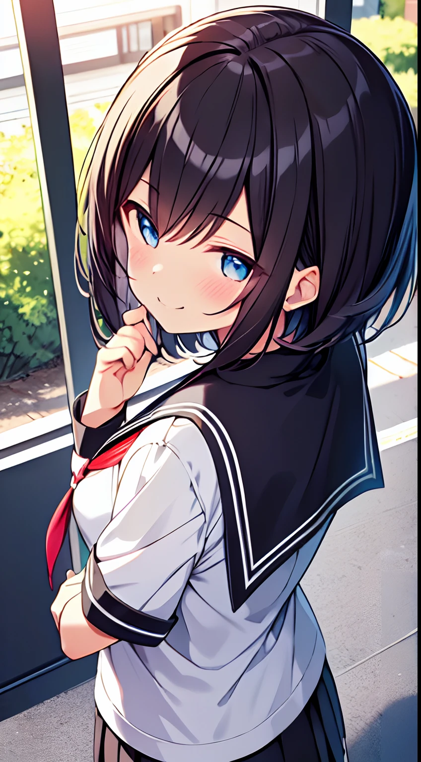 masutepiece, Best Quality,Illustration, Wallpaper, Ultra Detail, 1loli,Solo,Beautiful detailed eyes,Thick contour lines、Medium Short-Cut Hair、(student clothes)、Dark hair color、A smile、School Grounds、Walking next door、Kamimei、Angle from above:1.3