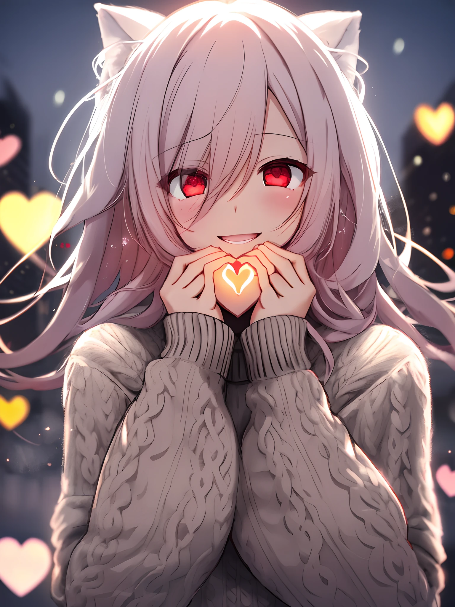 a girl, cosy sweater on, red eyes, night city, upper body, (huge Smirk:1.1), (open mouth:1.1), (wide open eyes:1.2), moon glare, bokeh, depth of field, blurry background, light particles, strong wind, (heart particles:1.1)
