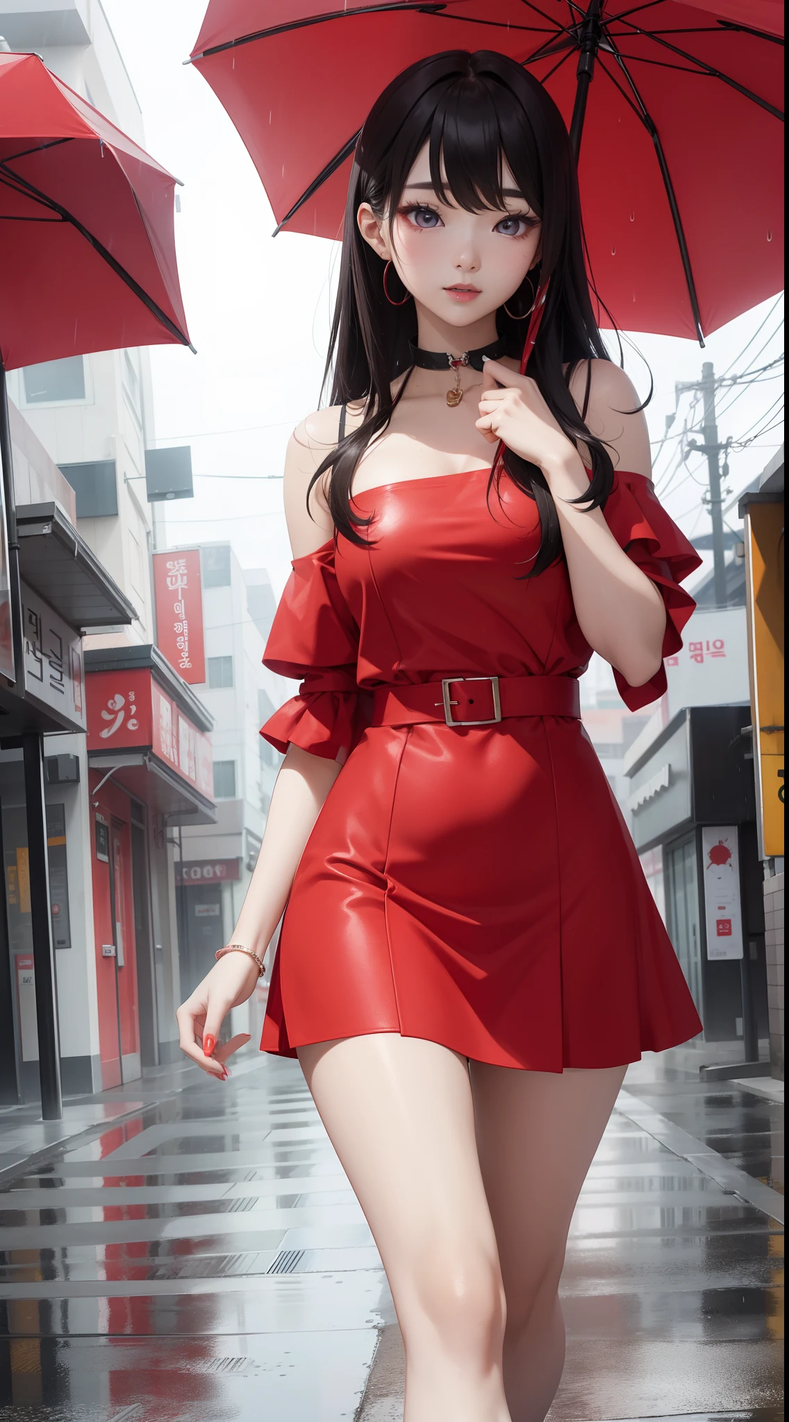 Beauty Korean idol wearing a Red Mini-Dress in a street,rain and fog outside